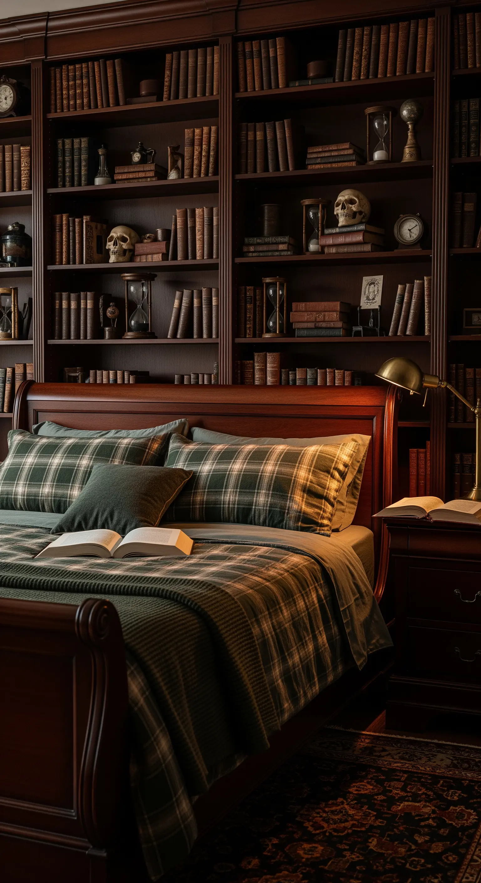 Schlafzimmer mit Bücherregal, Karo-Bettwäsche und Totenkopf