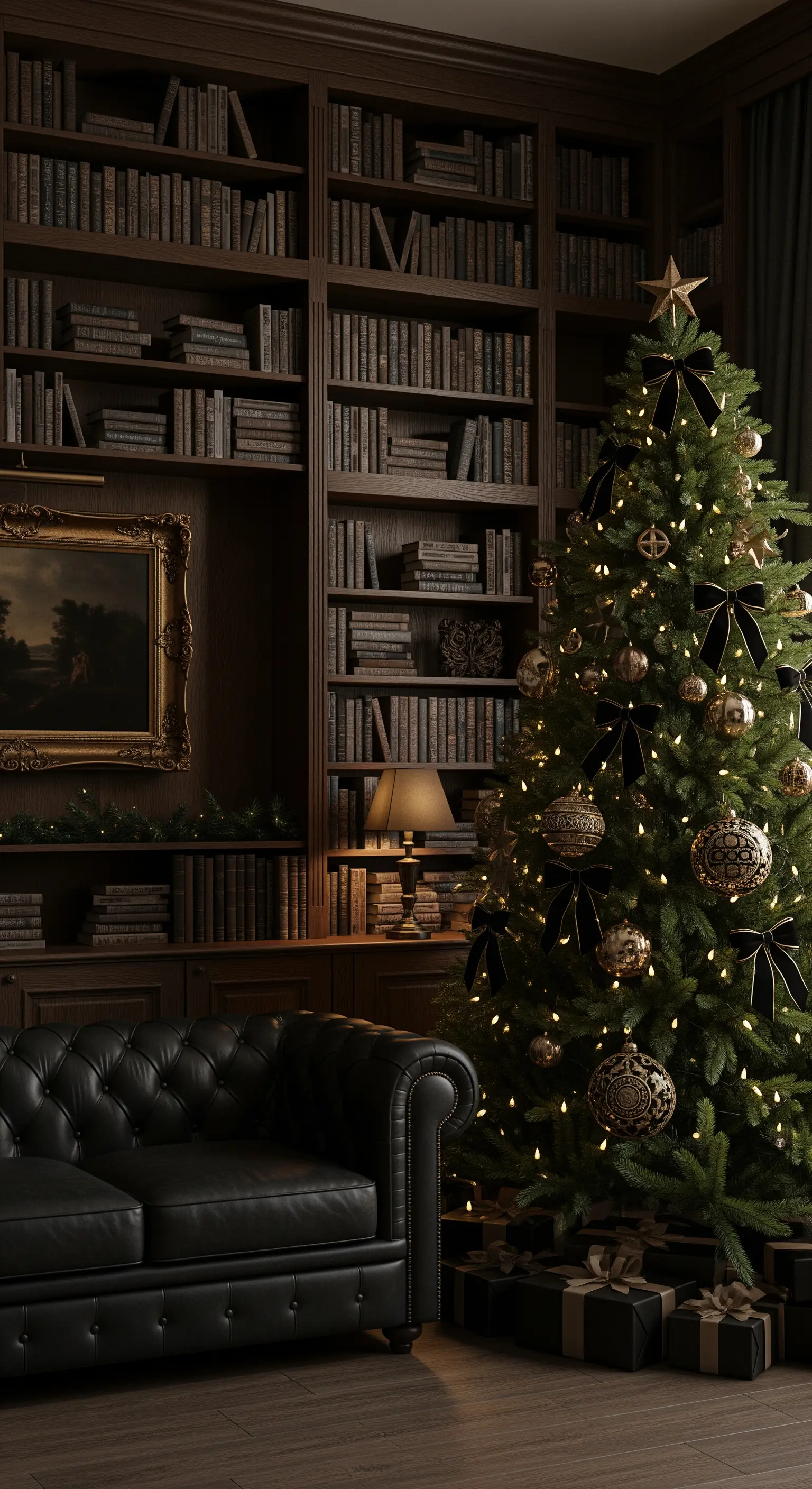 Klassischer Weihnachtsbaum in dunkler Bibliothek mit Ledersofa