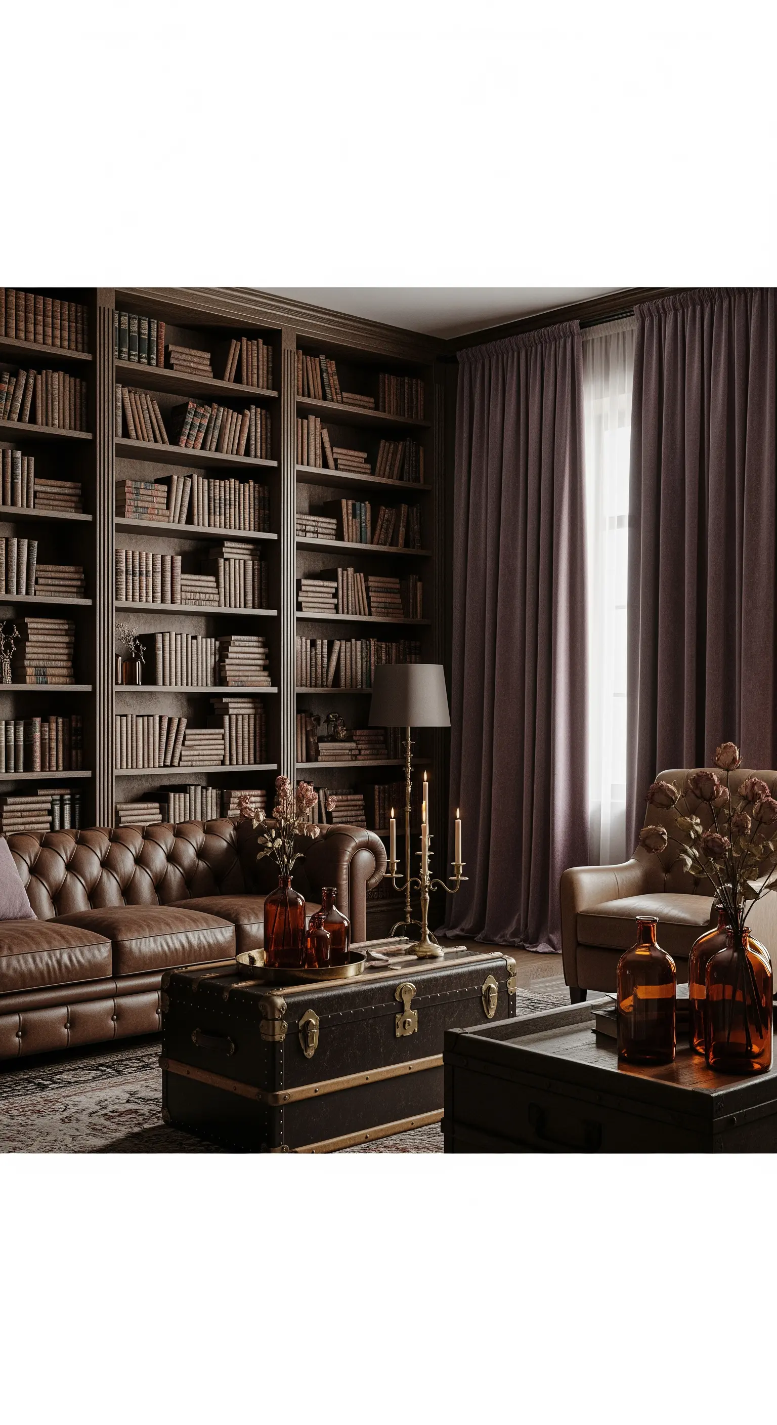 Bibliothek mit dunklen Holzregalen und Vintage-Koffer