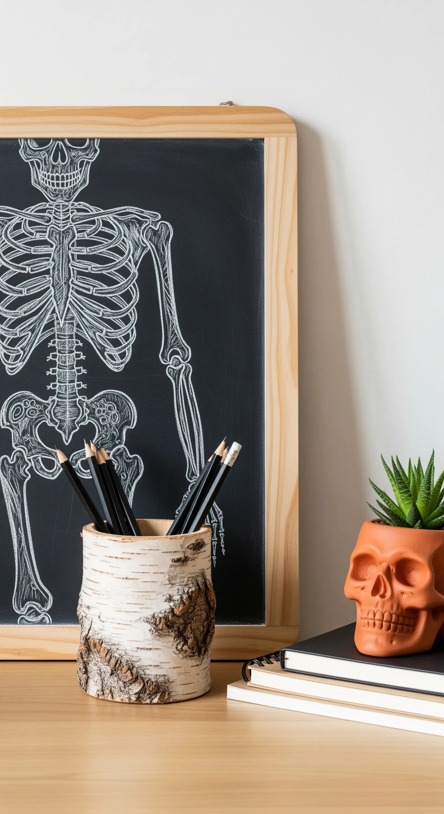 Kreidetafel mit Skelettzeichnung und Totenkopf-Blumentopf