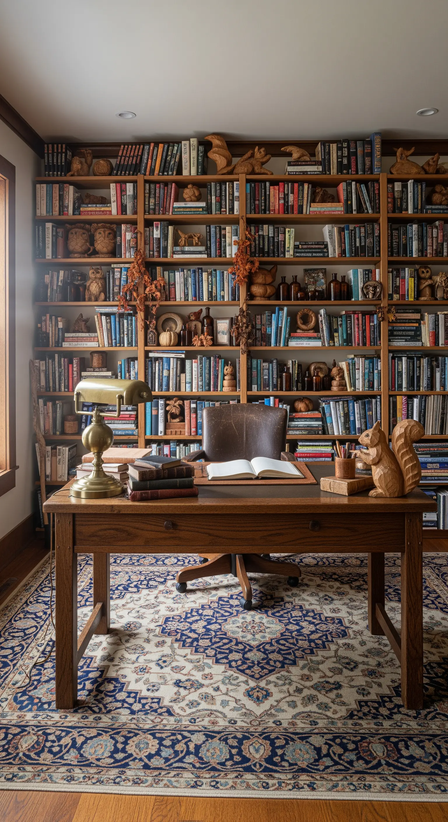 Antiker Schreibtisch vor Bücherwand mit Holz-Eichhörnchen