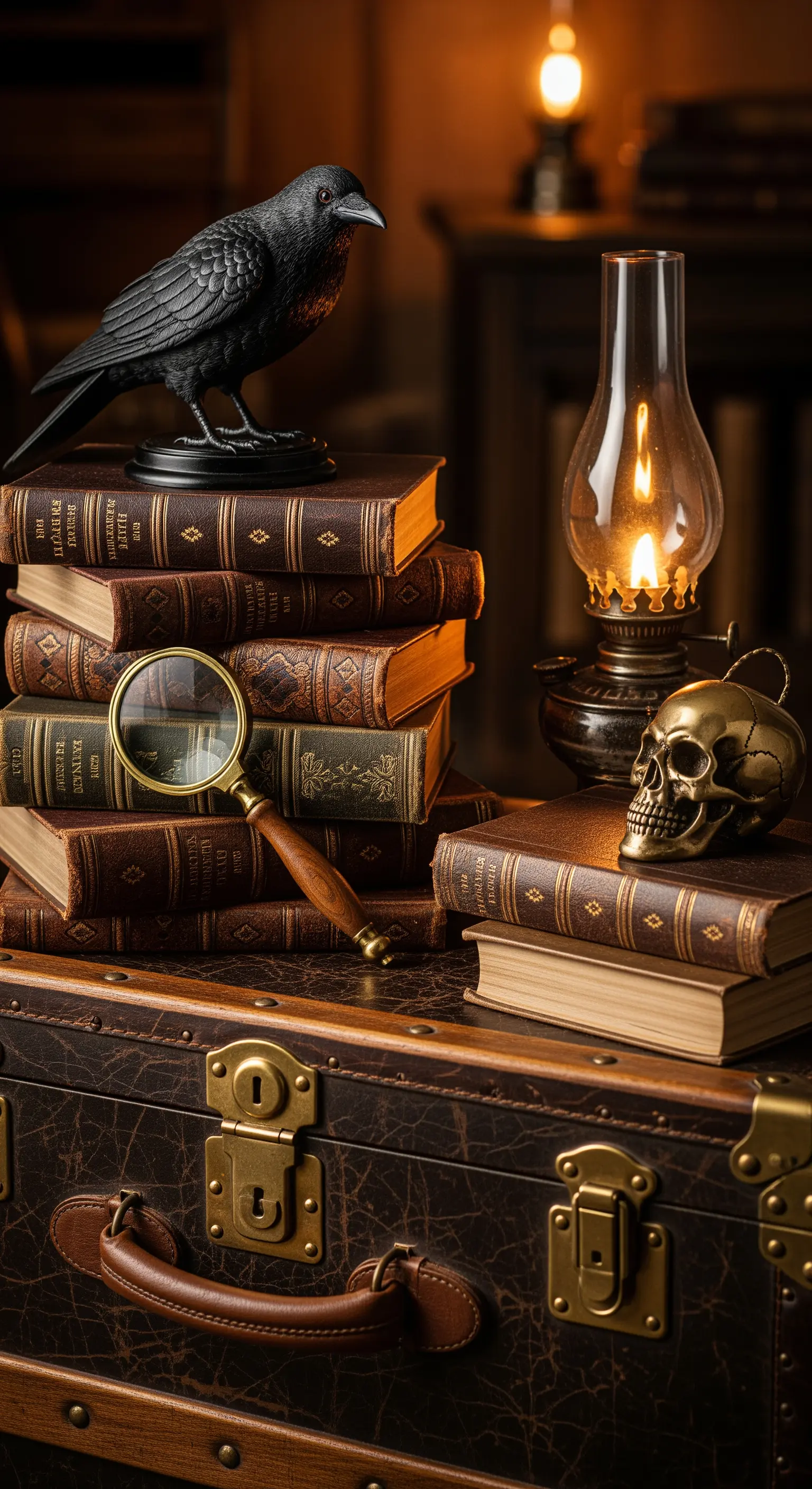 Krähe auf alten Büchern neben Vintage-Öllampe und Totenkopf