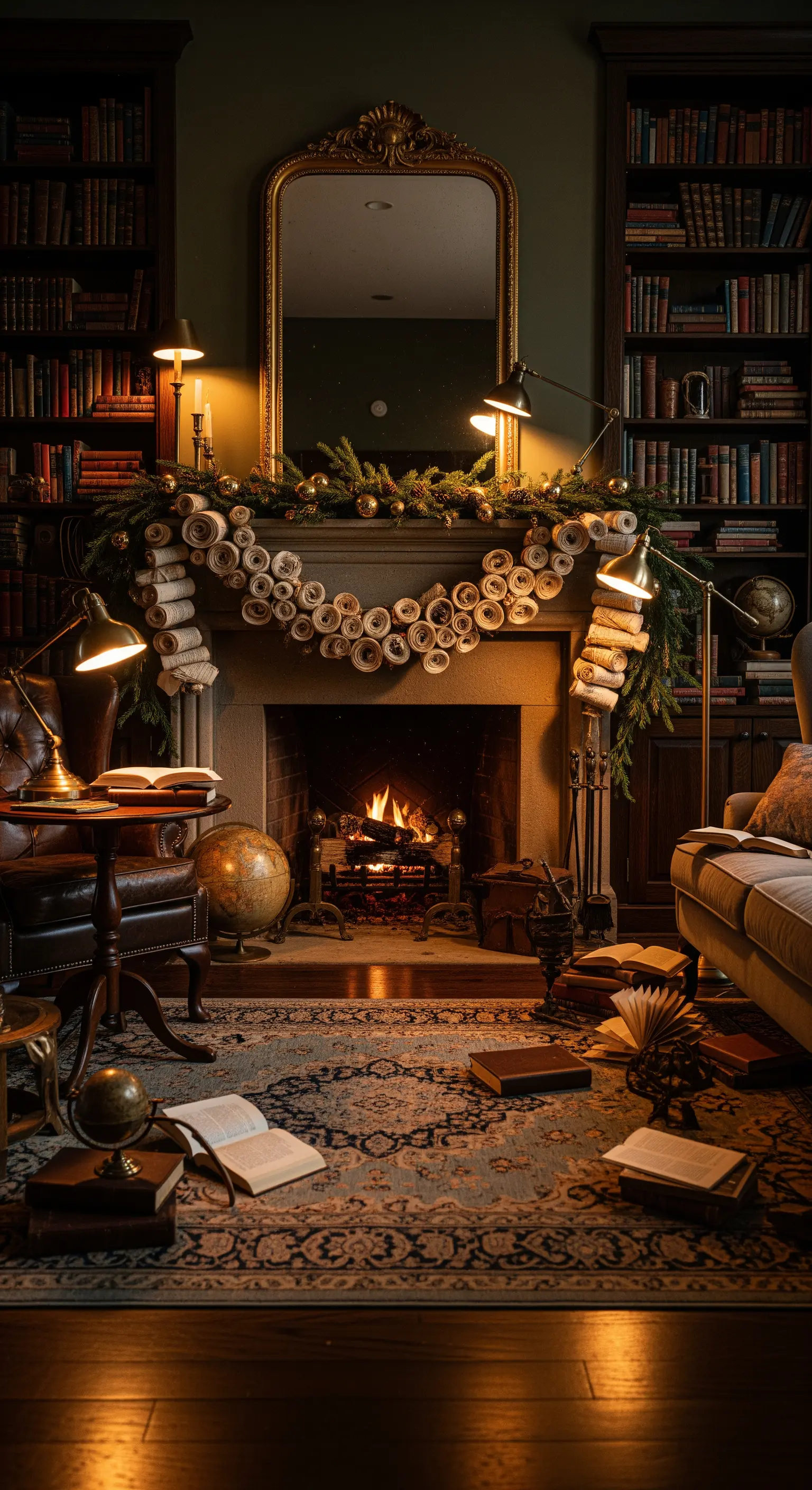 Bibliotheks-Kamin mit einer Girlande aus gerollten Papierseiten und warmen Leselampen.