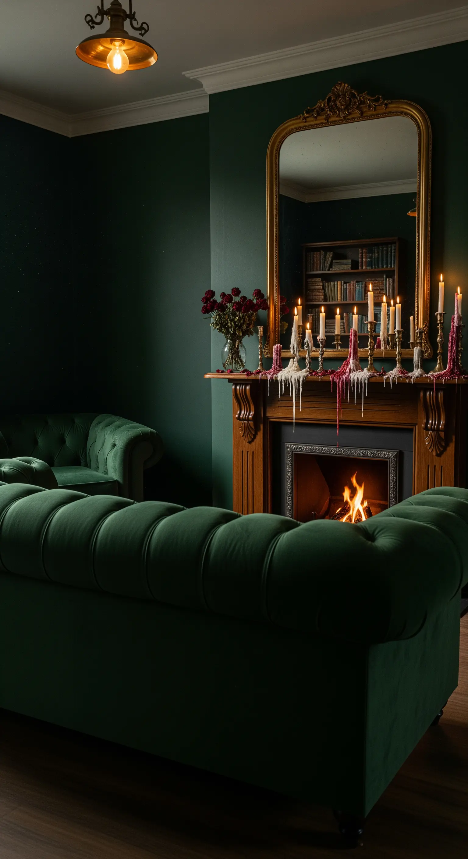 Dunkelgrünes Wohnzimmer mit Kamin und vielen Kerzen