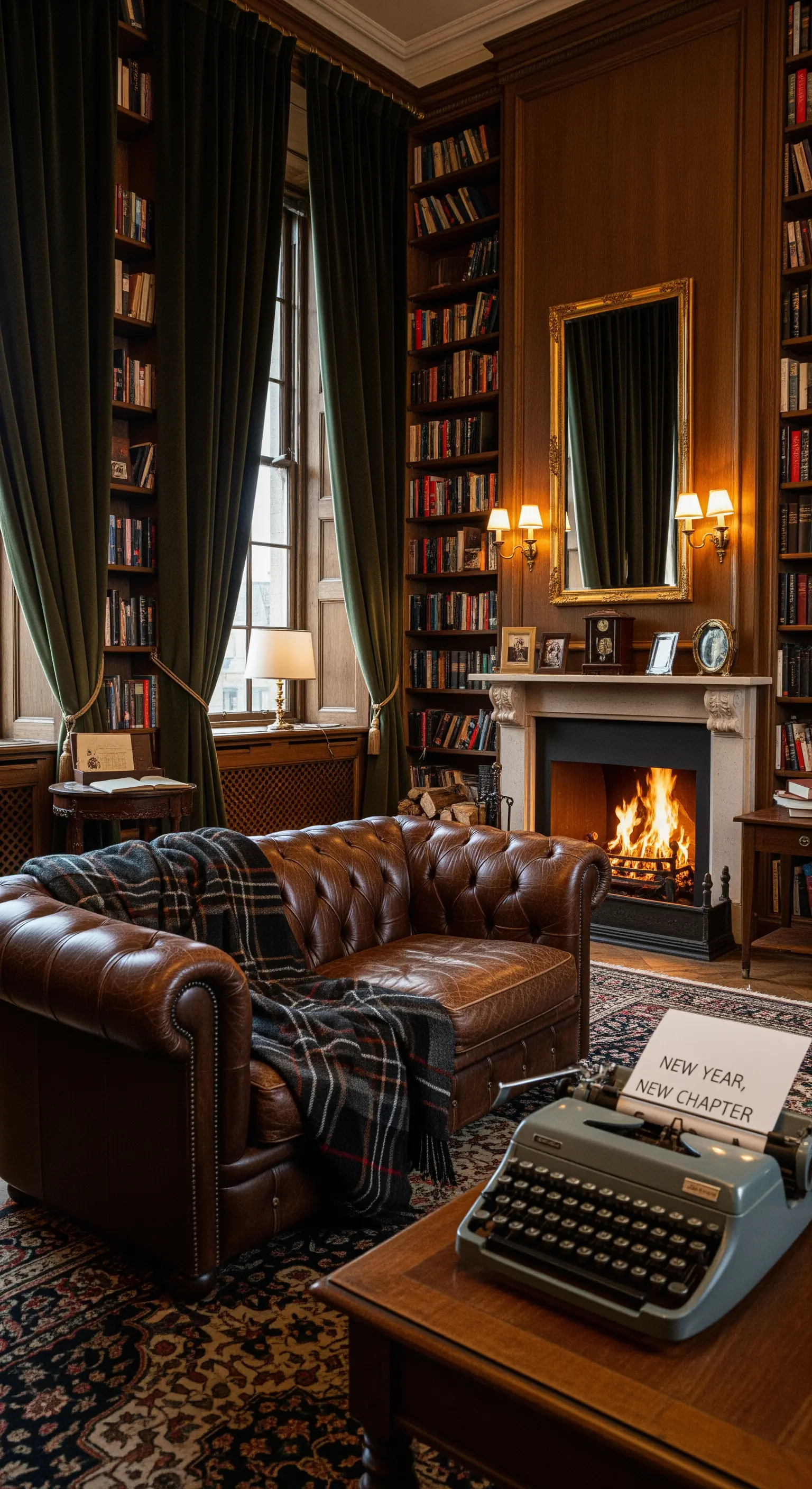 Bibliothek mit Kamin und alter Schreibmaschine