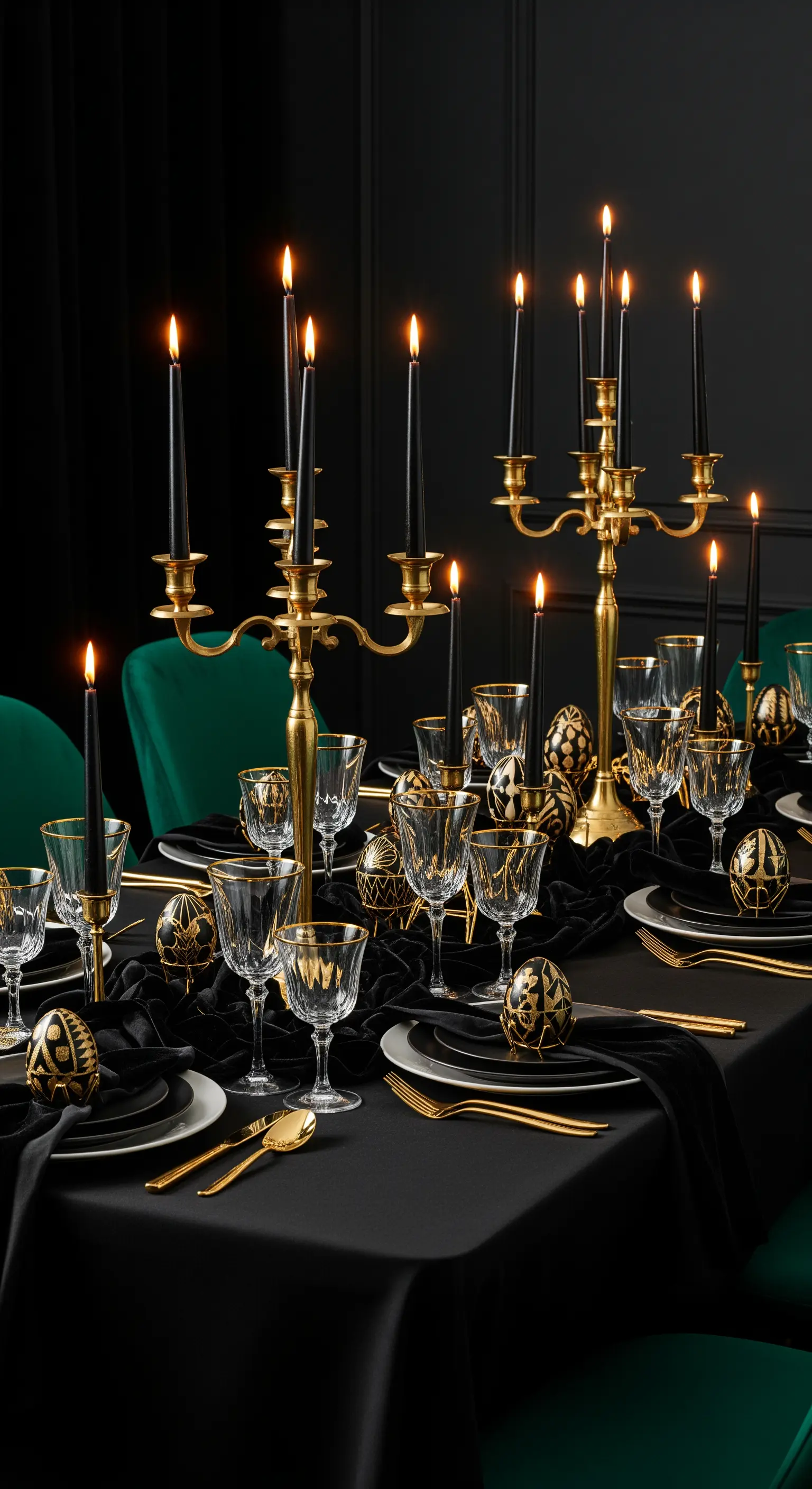 Dramatisch gedeckter Tisch mit schwarzer Decke, goldenen Kandelabern und dunklen Eiern