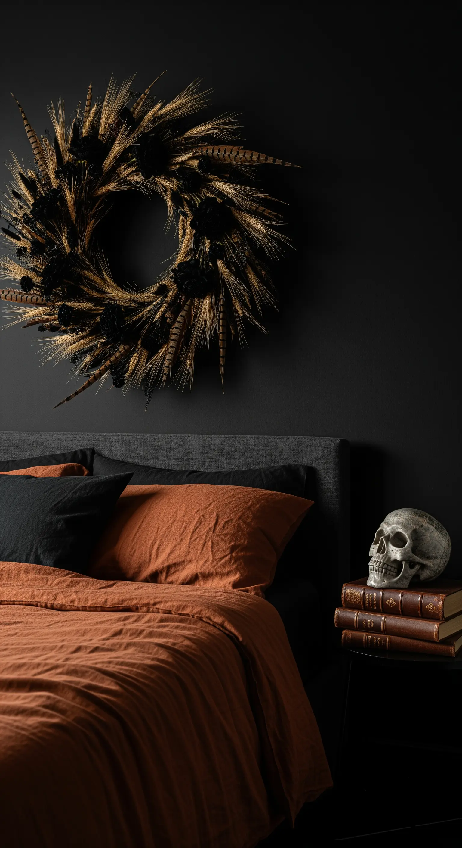 Schwarzes Schlafzimmer mit Getreidekranz und rostroter Bettwäsche