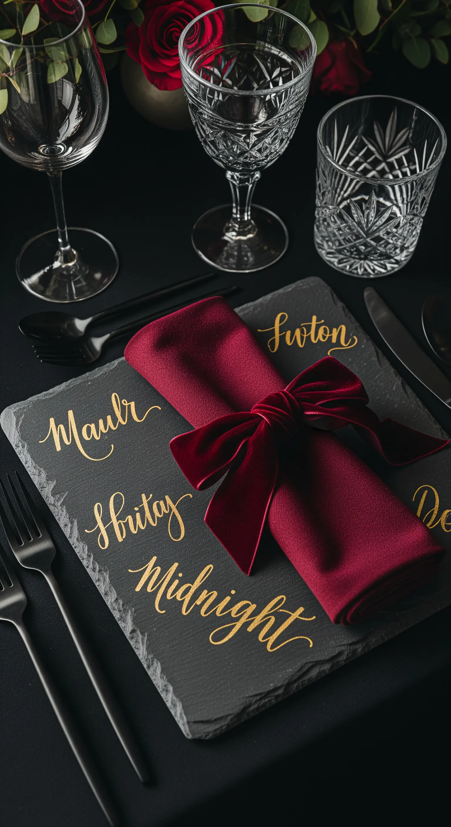 Schieferplatte mit Namen und roter Samtschleife