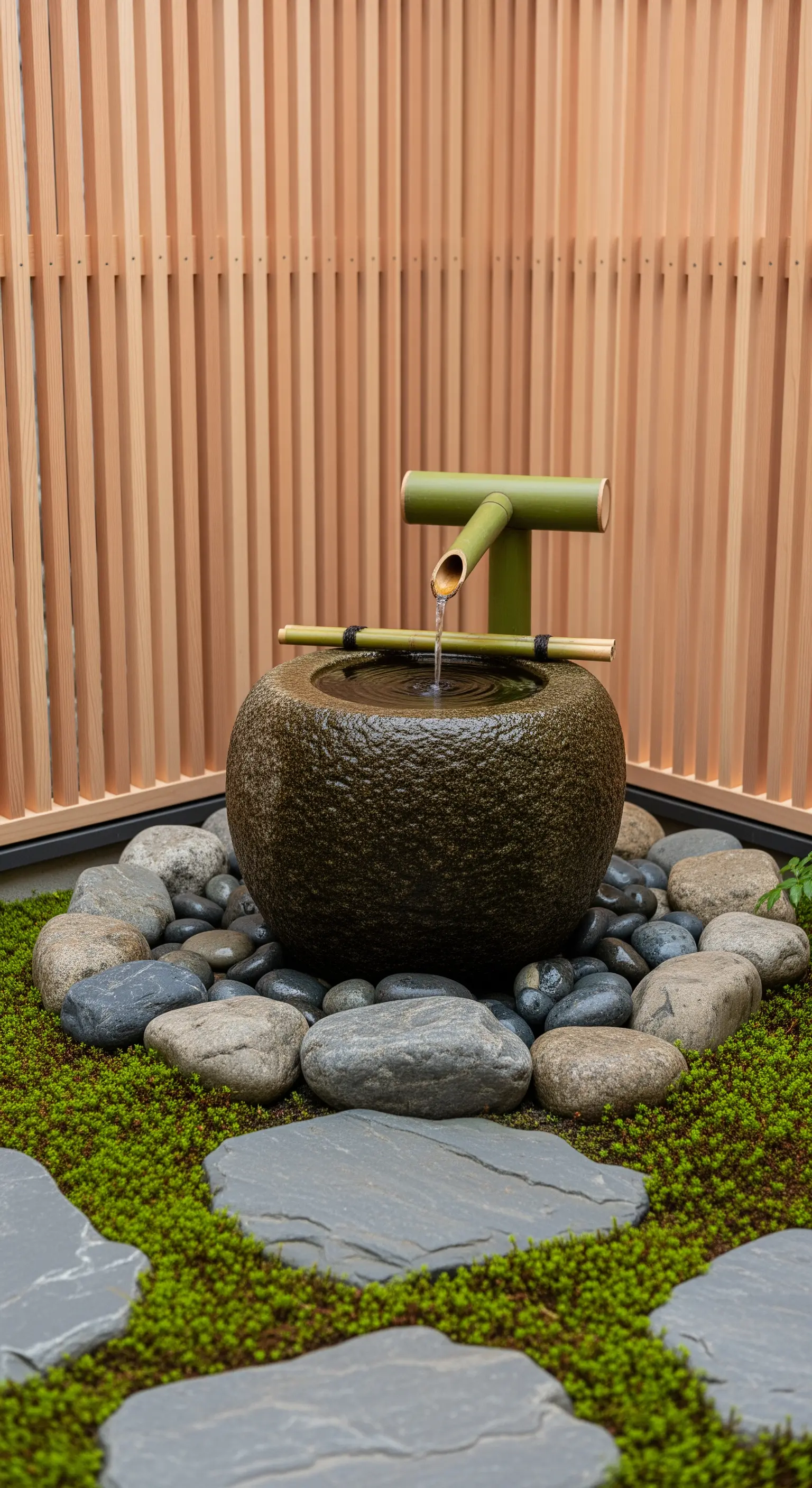 Runder Steinbrunnen mit Bambusrohr und Wasserlauf im Kiesbett