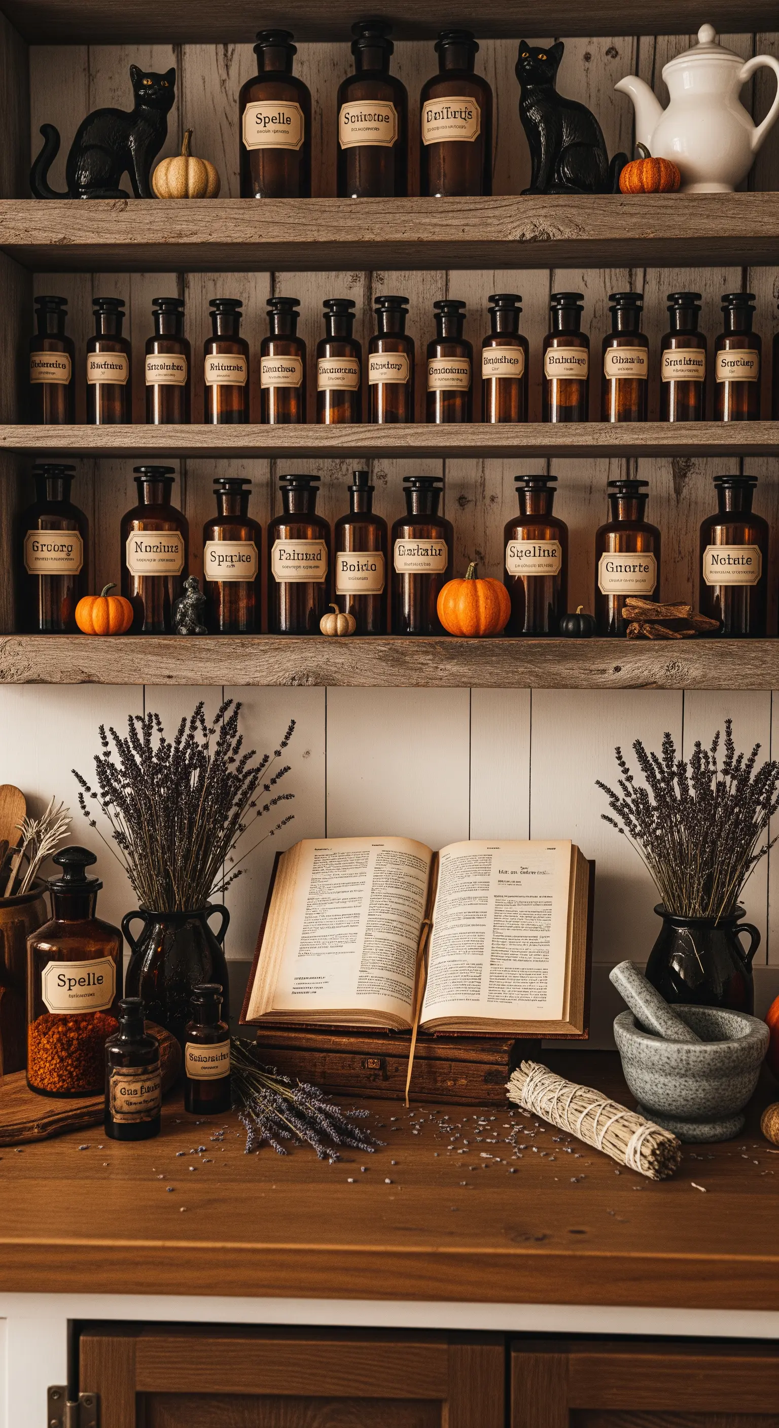 Regal mit braunen Apothekerflaschen und Vintage-Etiketten