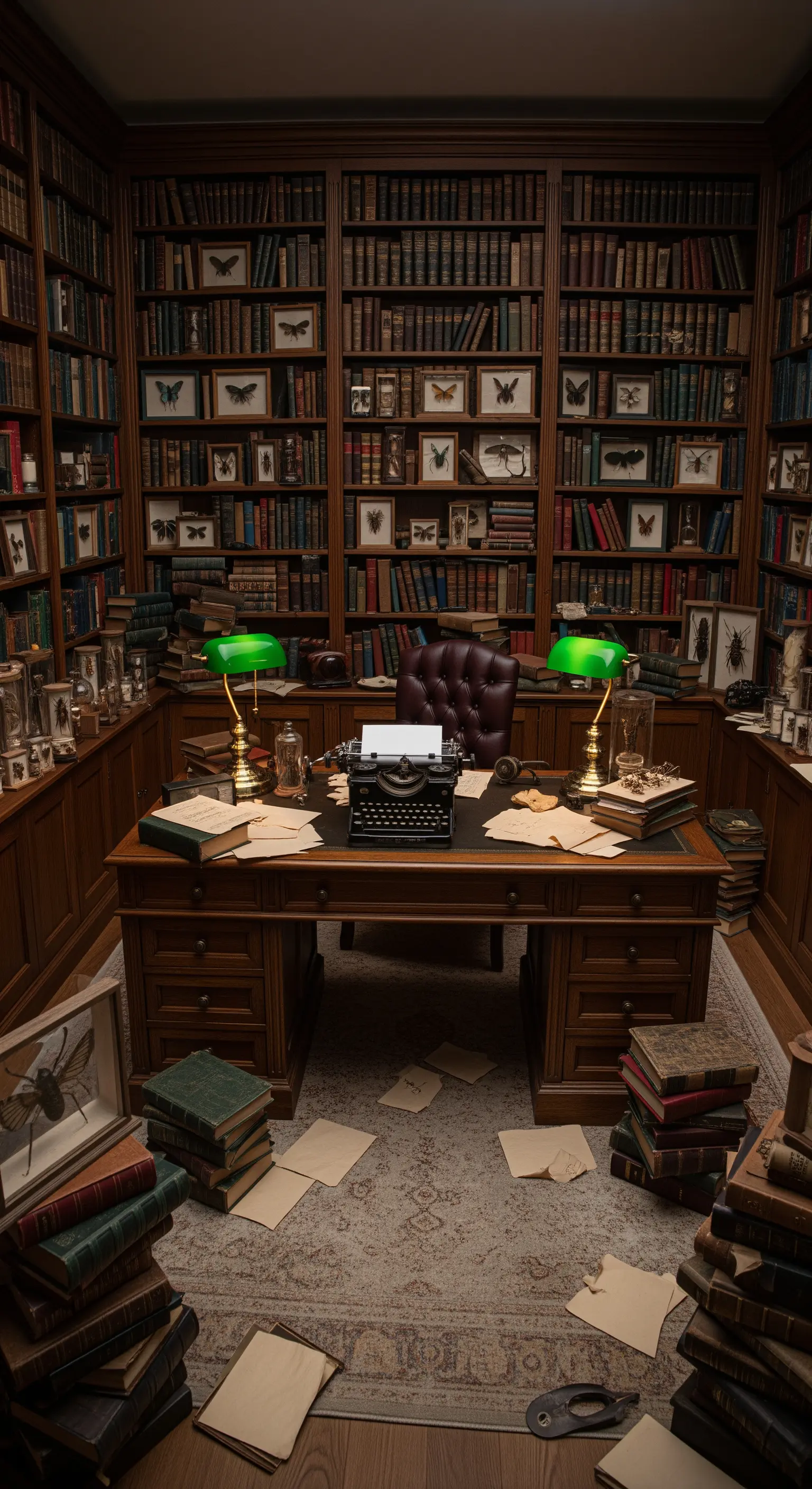 Alter Schreibtisch mit Schreibmaschine und Papieren