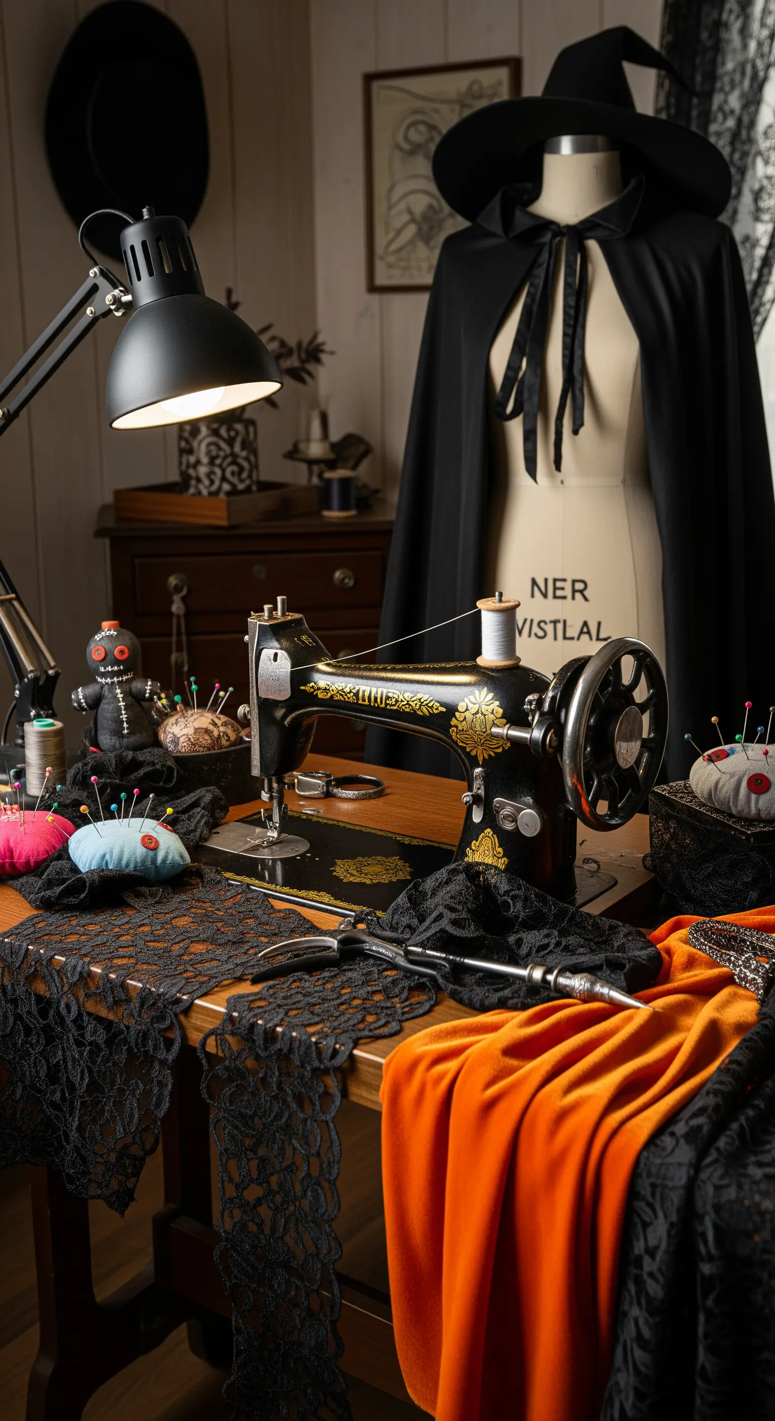 Alte Nähmaschine mit Schneiderpuppe und Hexenumhang
