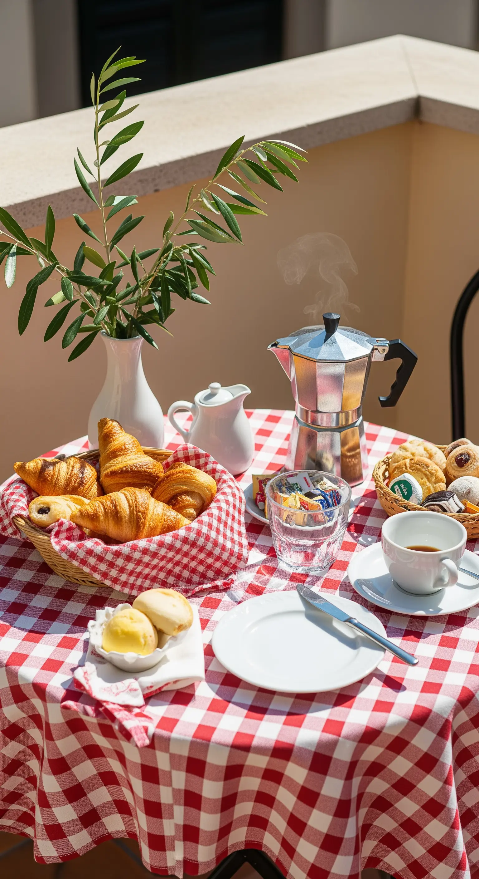 Frühstückstisch mit Moka-Kanne, Croissants und rot-karierter Decke