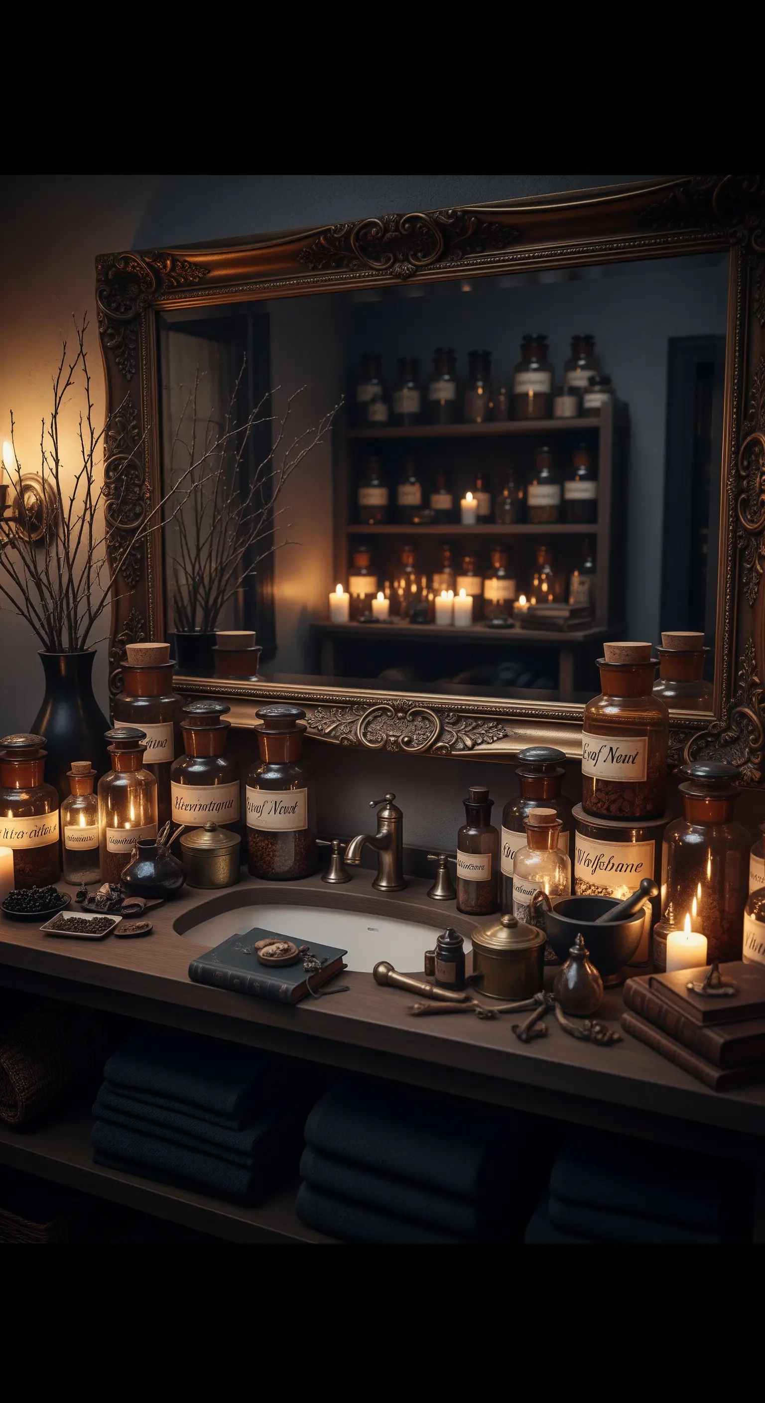 Badezimmerspiegel mit Apothekerflaschen