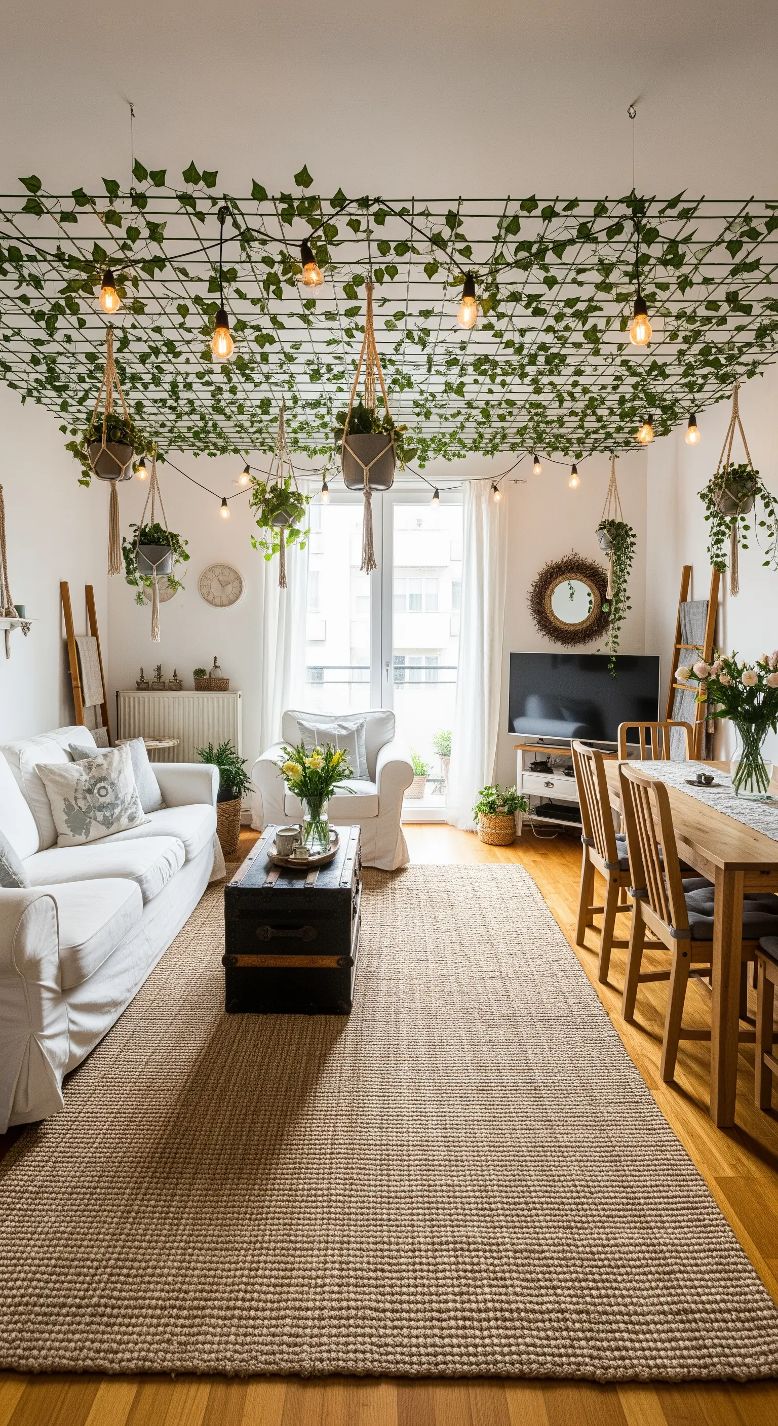 Wohnzimmer mit Pflanzengitter an der Decke und hängenden Glühbirnen