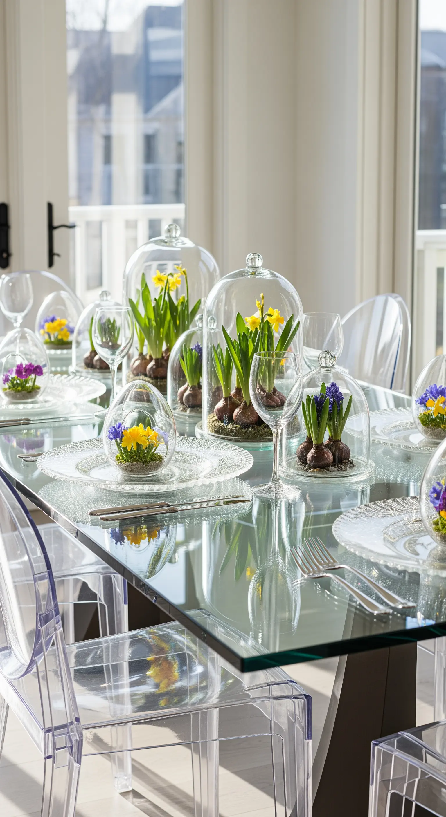 Eleganter Glastisch mit Frühlingsblumen, die unter Glasglocken präsentiert werden