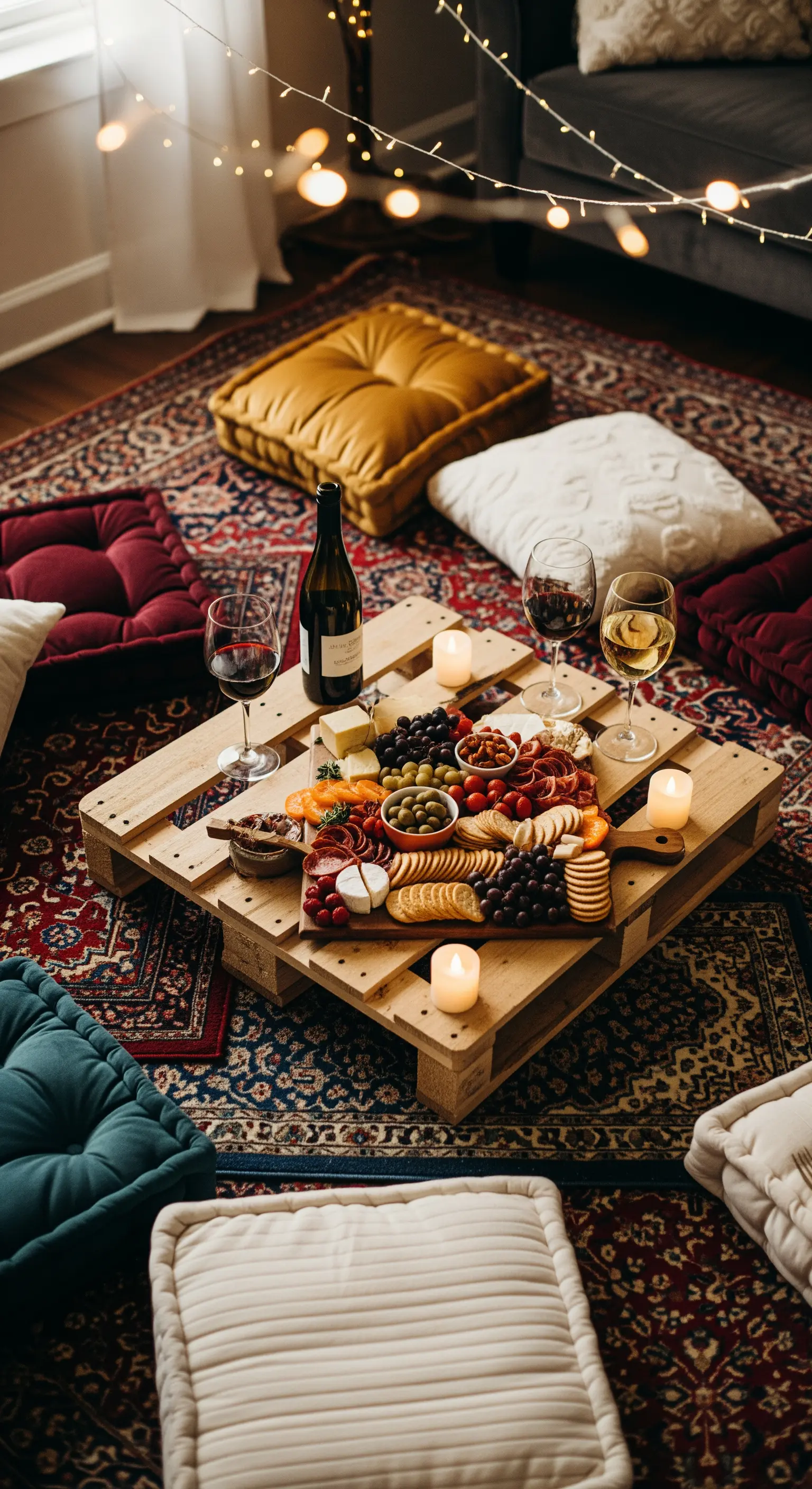 Romantisches Indoor-Picknick auf Teppichen mit Palettentisch