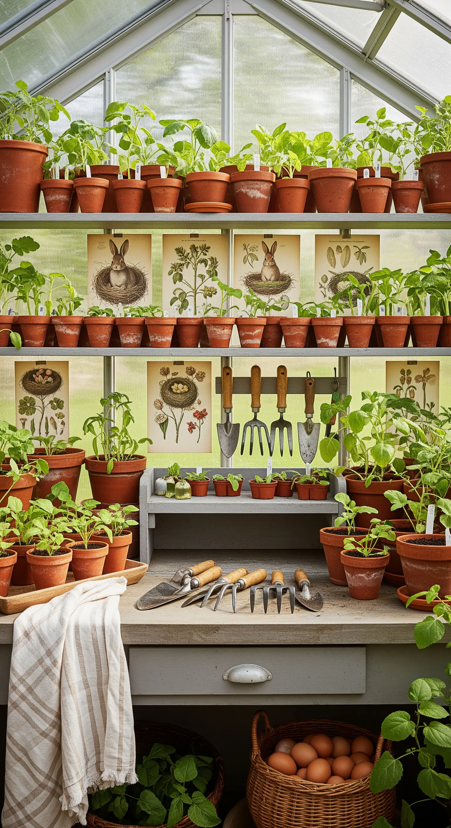 Regal mit Pflanzen, Terrakottatöpfen und Hasenbildern