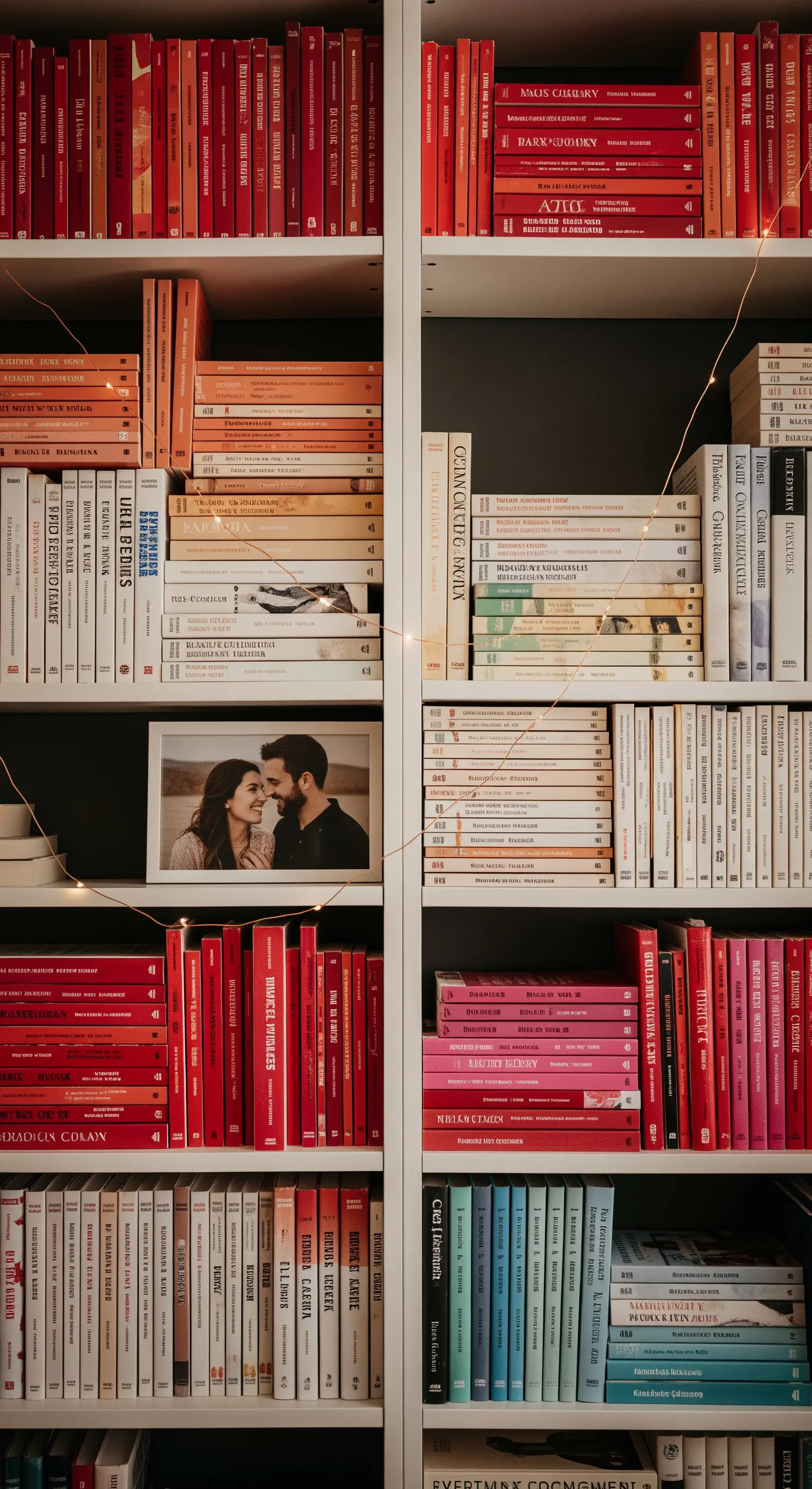 Bücherregal mit Lichterkette und farblich sortierten Büchern