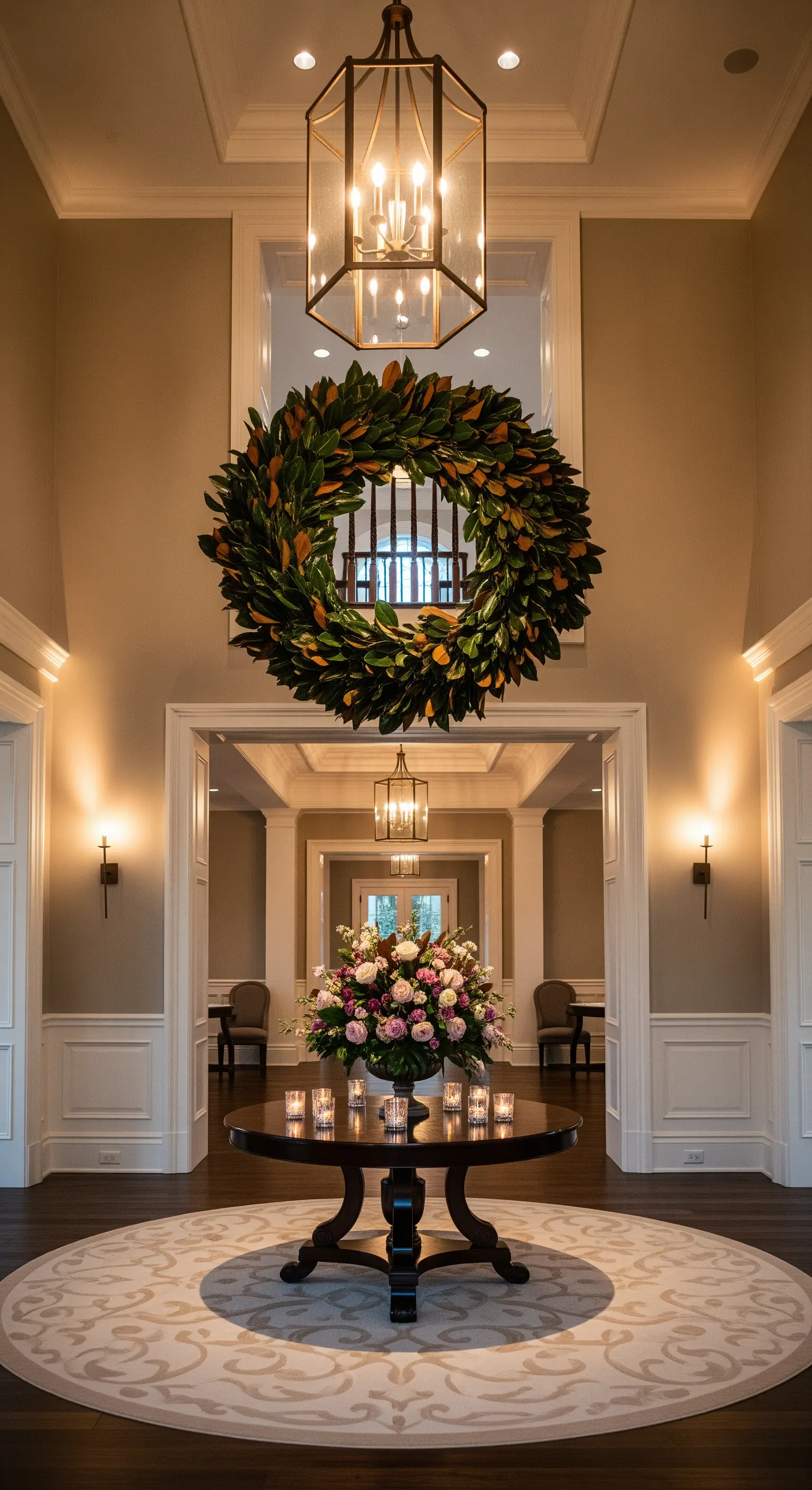 Großer Magnolienkranz im Foyer mit rundem Blumentisch