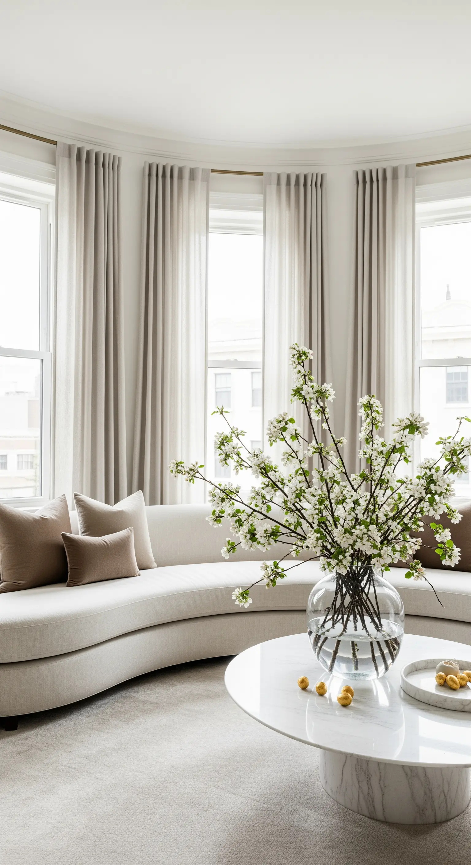 Rundes Sofa mit großem Blütenzweig auf dem Tisch