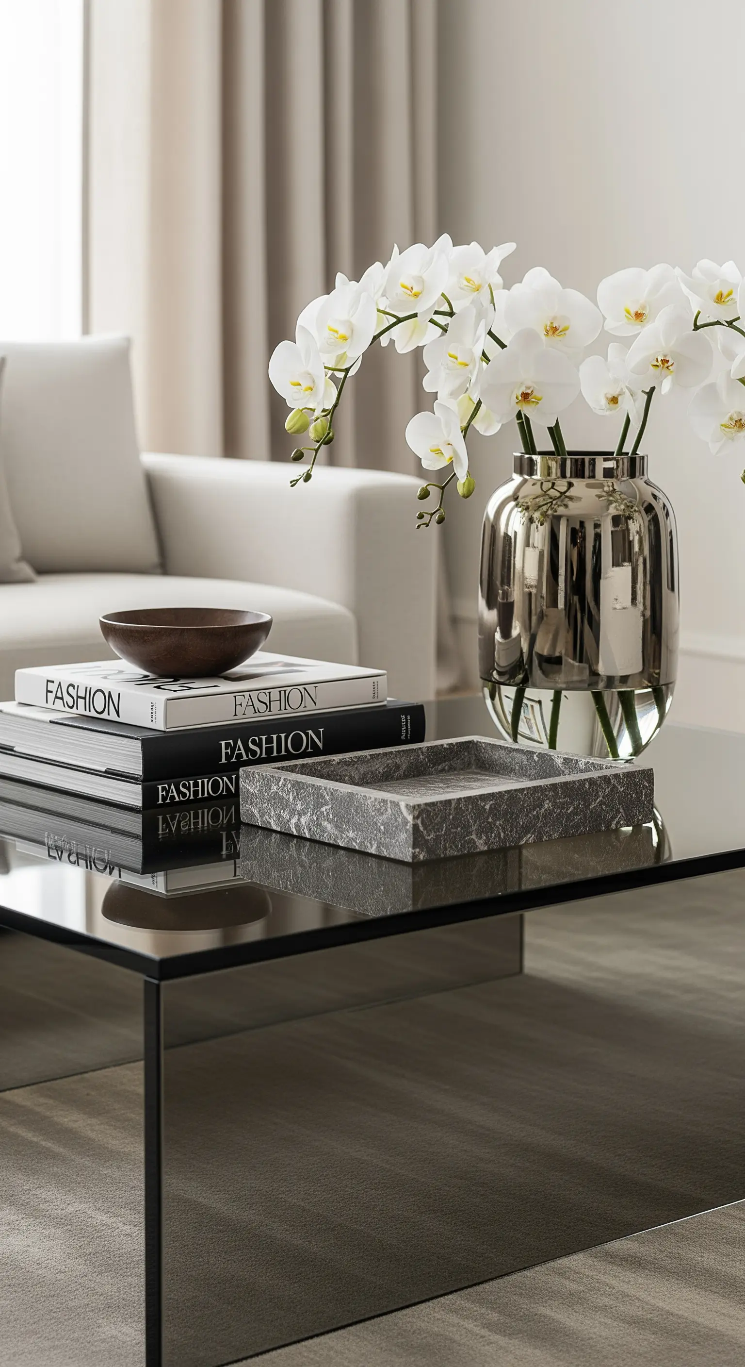 Gestylter Couchtisch mit Büchern, Orchideen und Chromvase