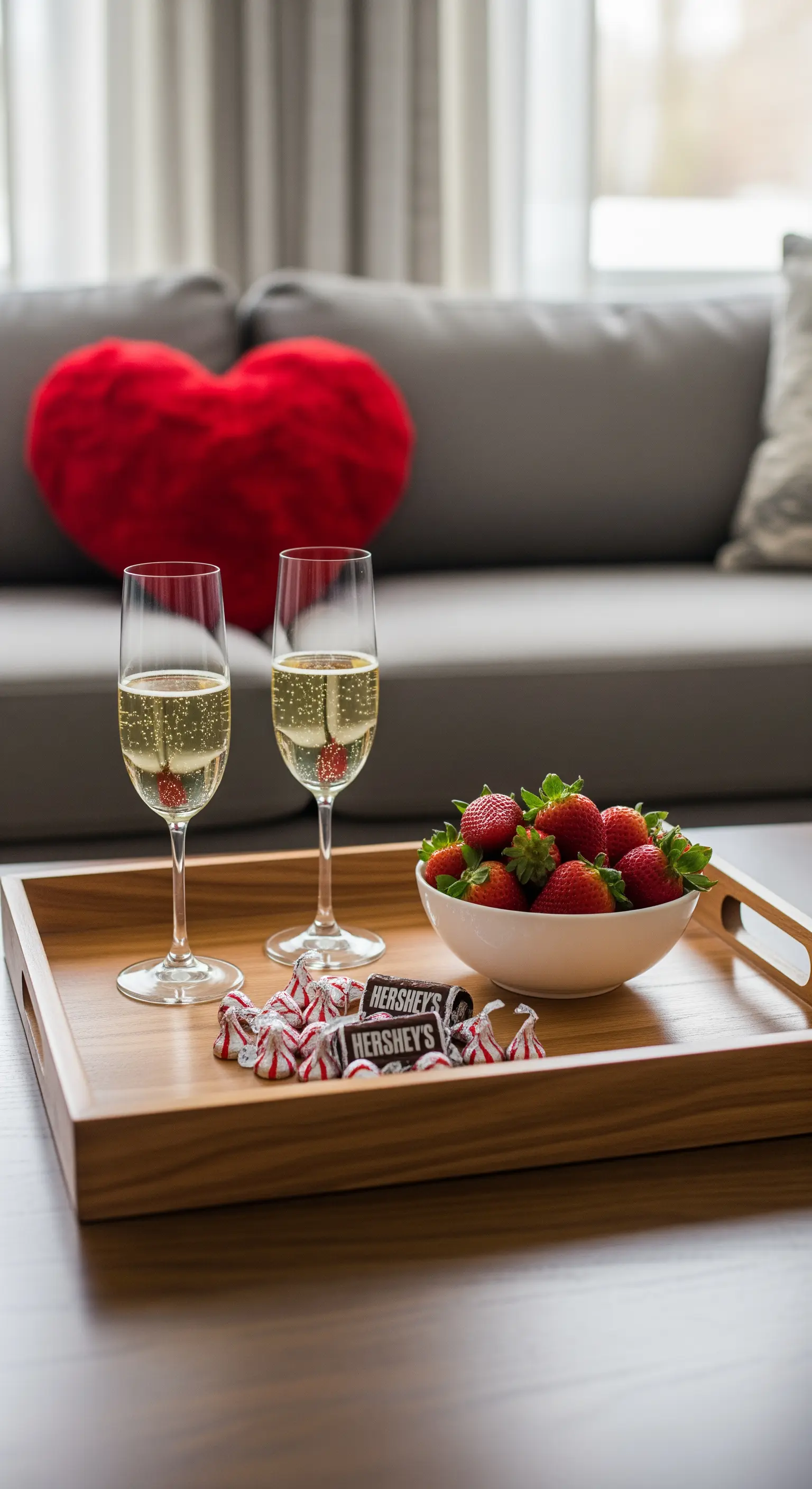 Holztablett mit Sekt und Erdbeeren auf Couchtisch