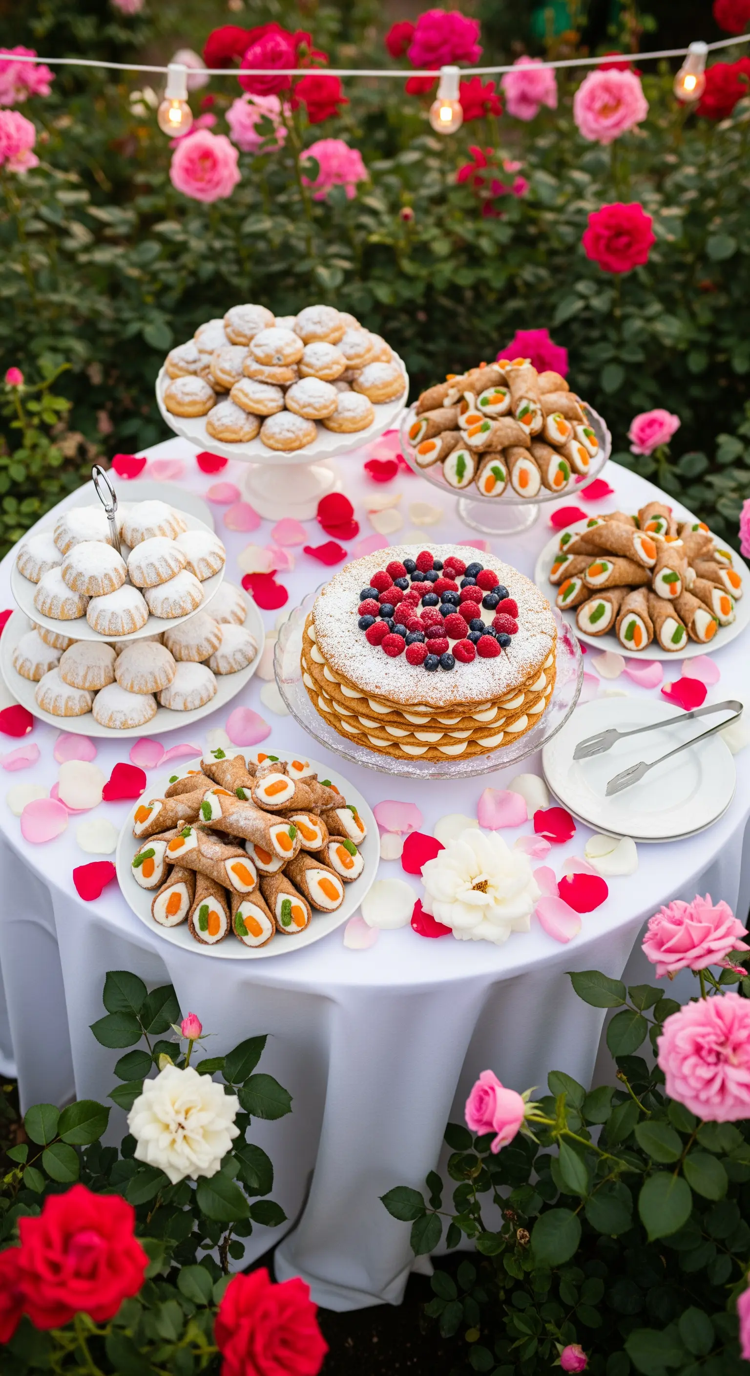 Runder Desserttisch mit Torten und Gebäck inmitten von Rosenbüschen