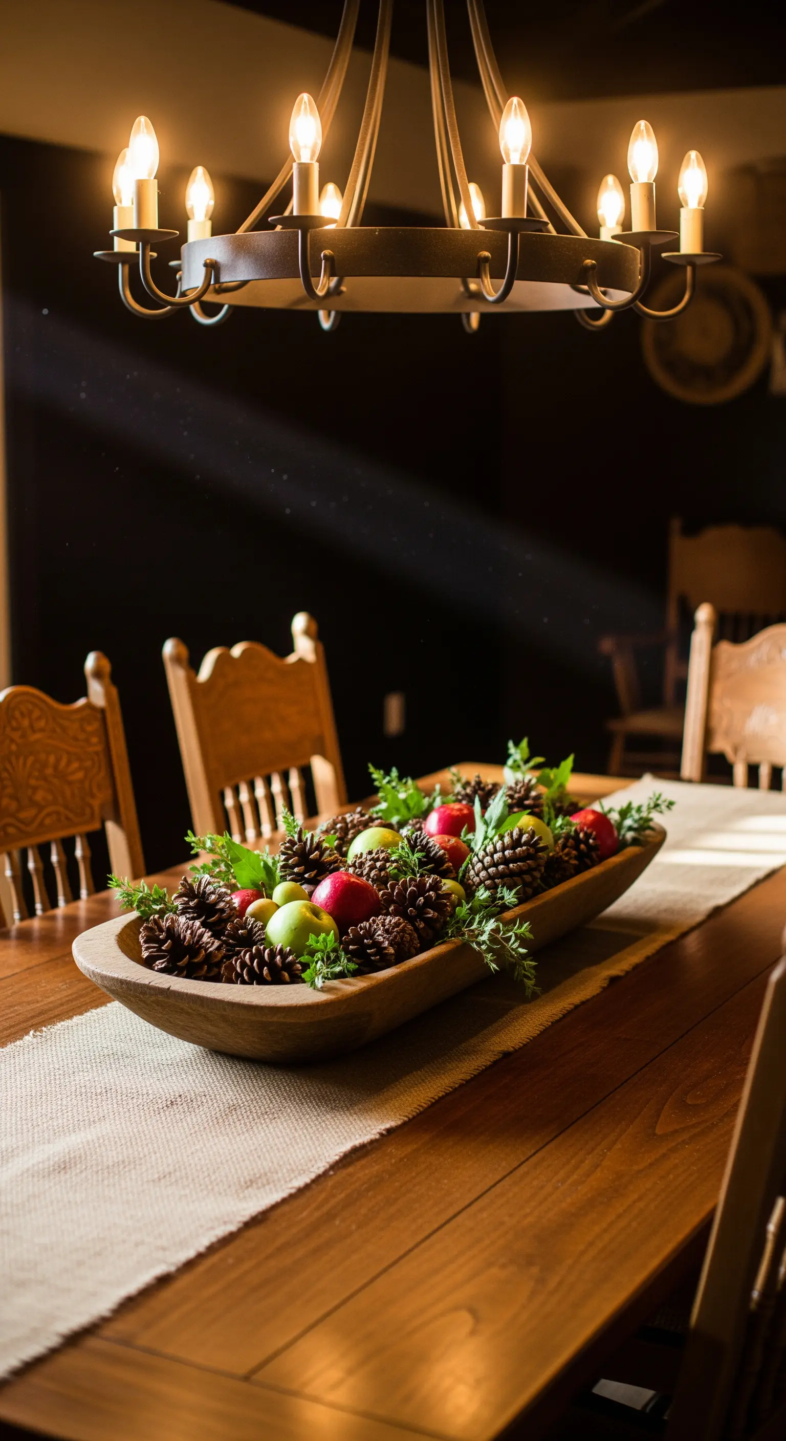 Lange Holzschale mit Äpfeln und Tannenzapfen als Tischdeko
