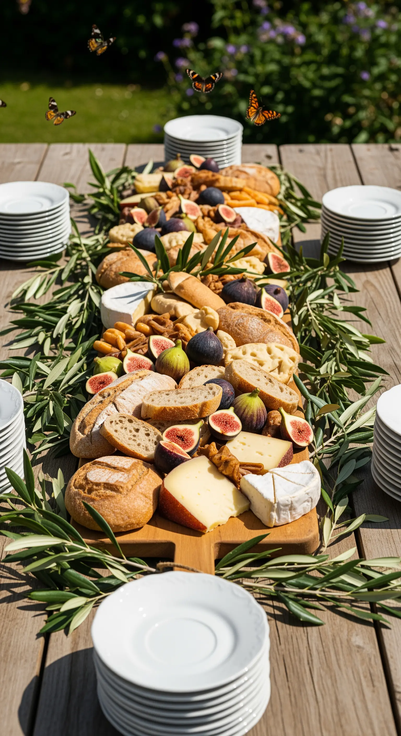 Langes Holzbrett mit Käse, Feigen und Brot als Tischmitte