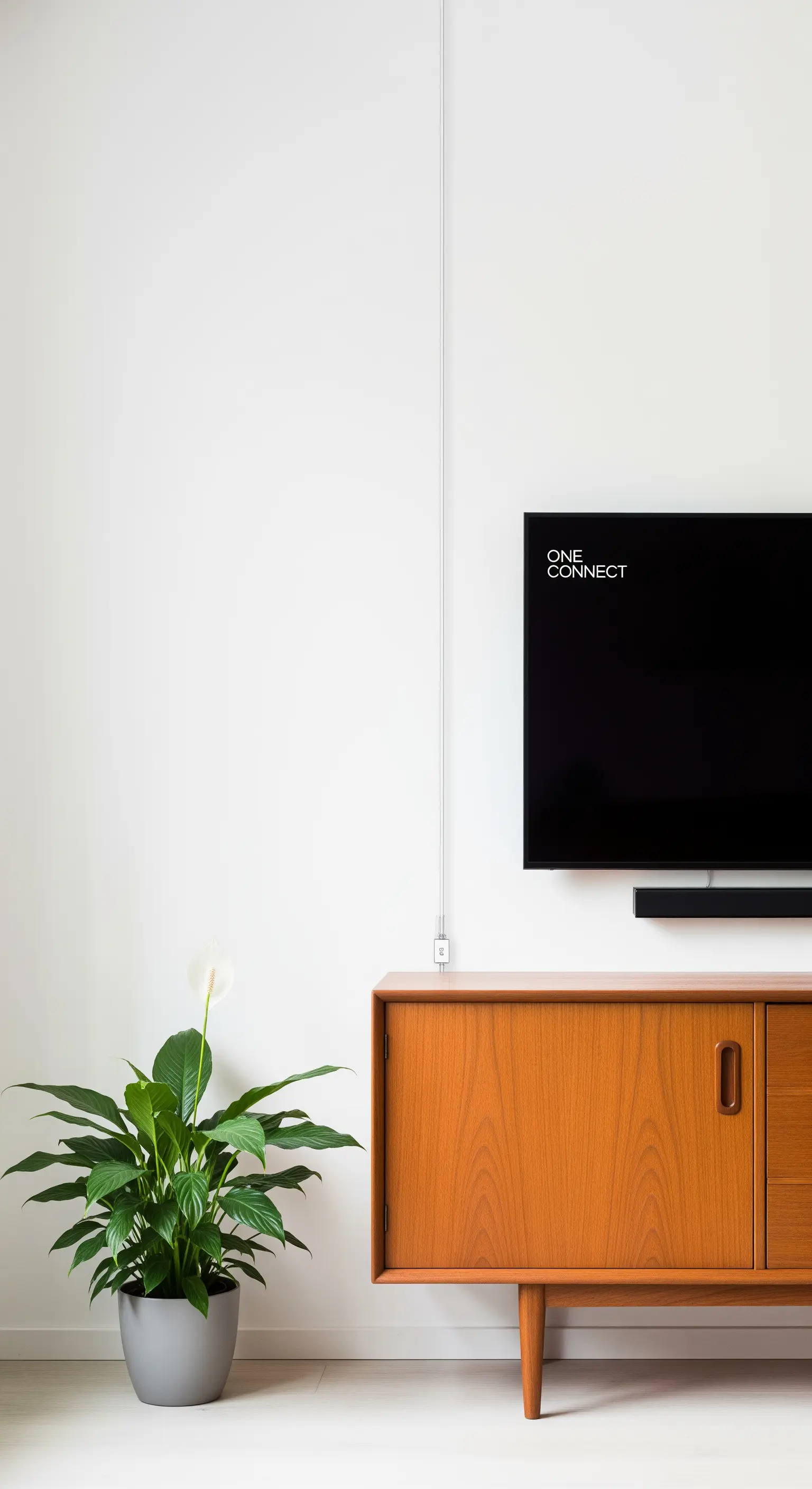 TV mit dünnem Kabel über Vintage-Sideboard