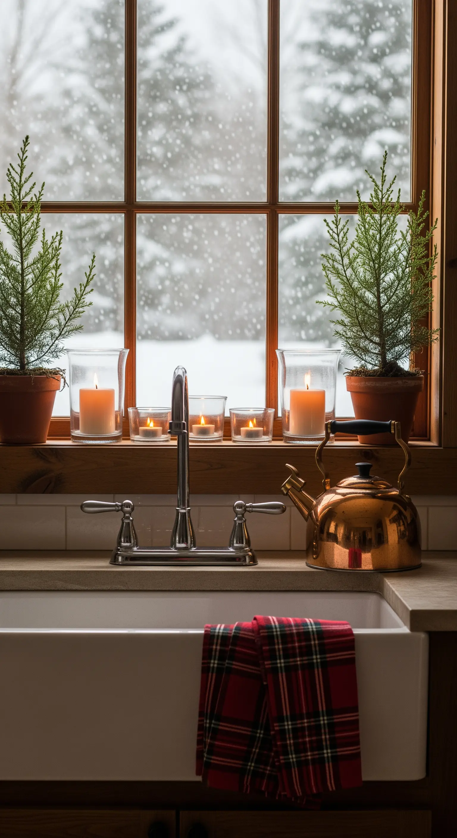 Fensterbank mit Kerzen und kleinen Bäumchen