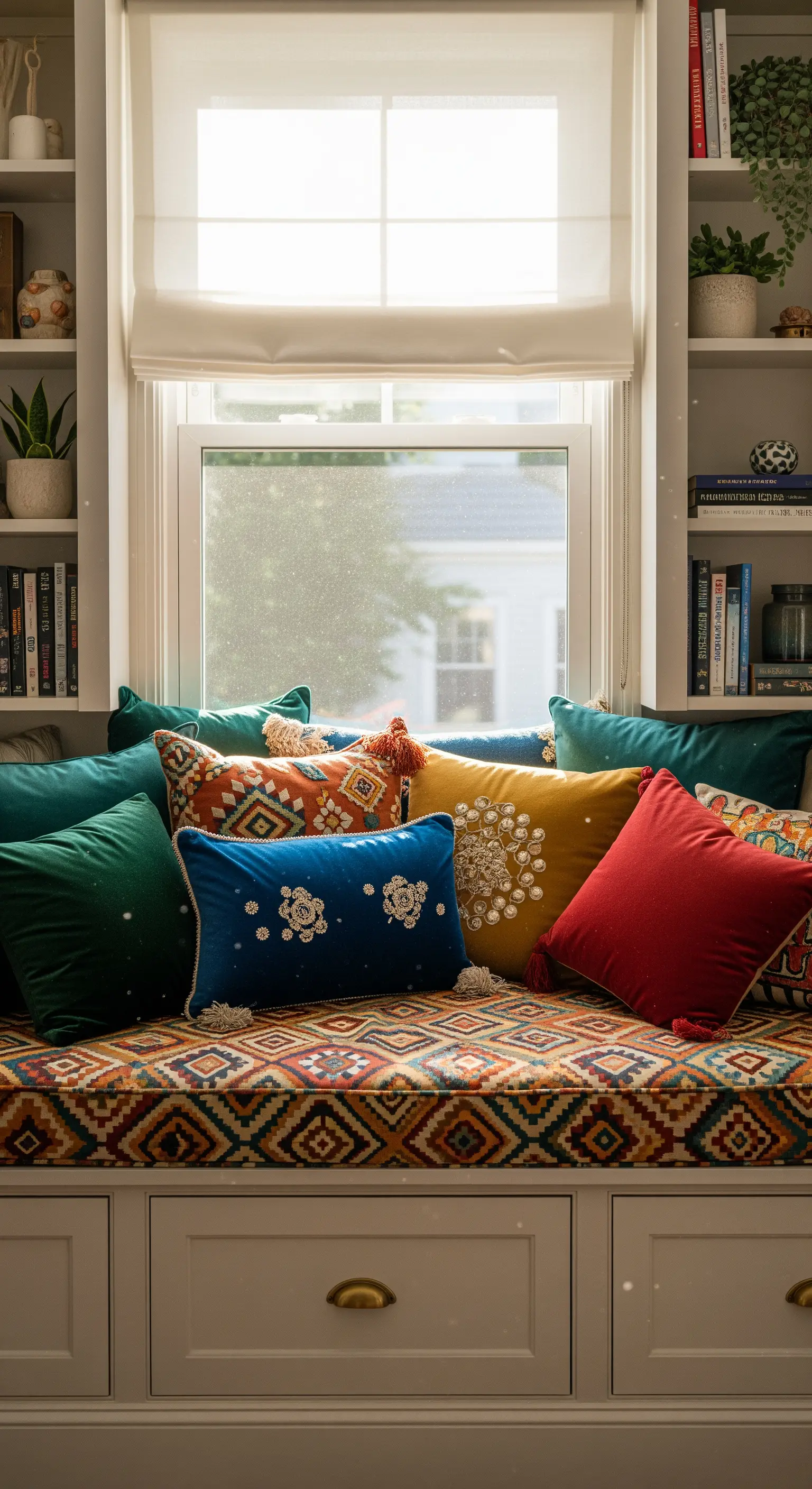 Fensterbank mit bunter Sitzauflage und Samtkissen