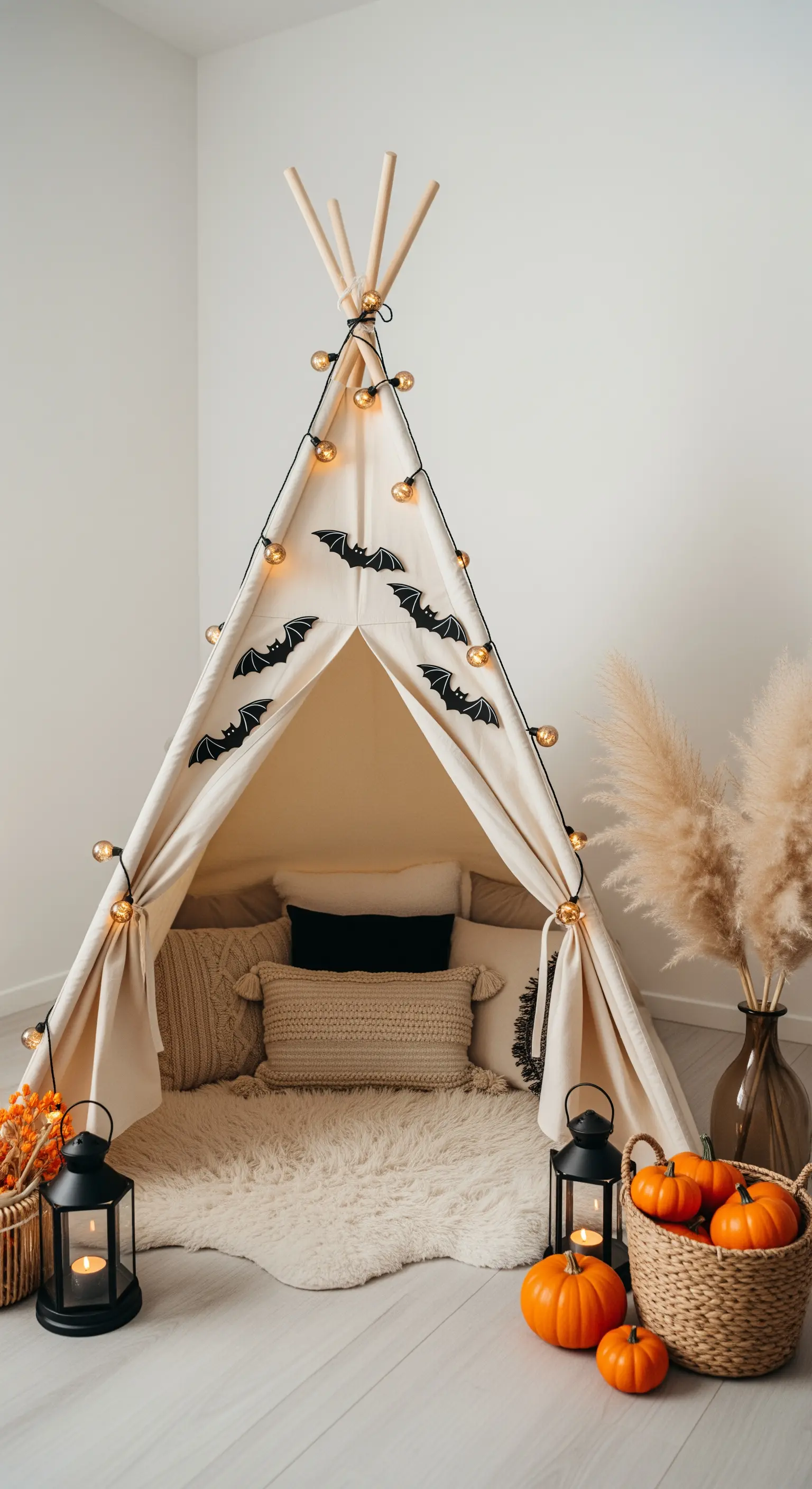 Tipi-Zelt mit Fledermaus-Deko und Kürbissen