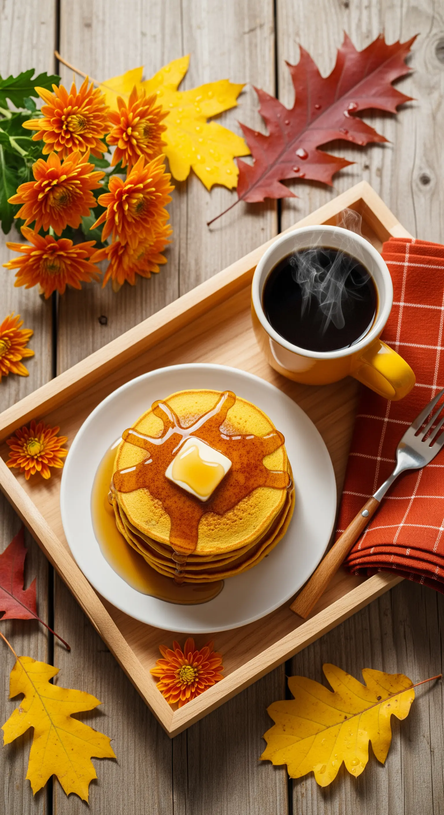 Holztablett mit Pfannkuchen, Kaffee und Herbstblättern