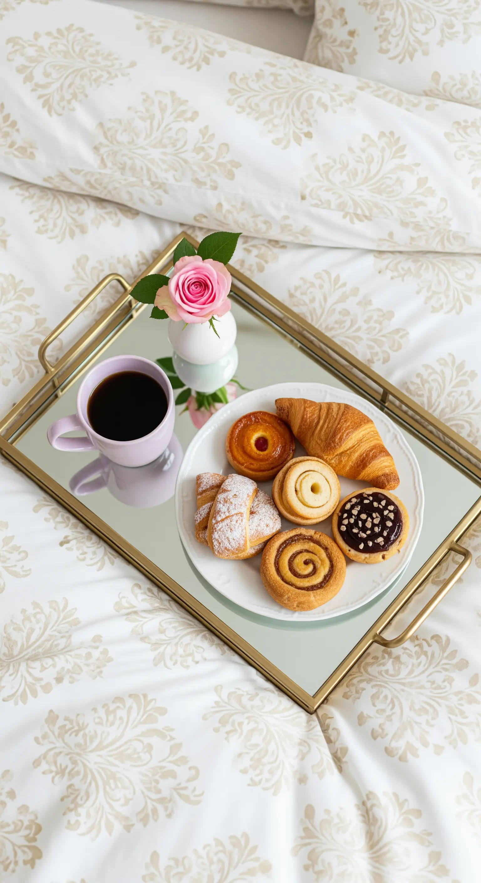 Frühstückstablett auf Bett mit Kaffee und Croissants