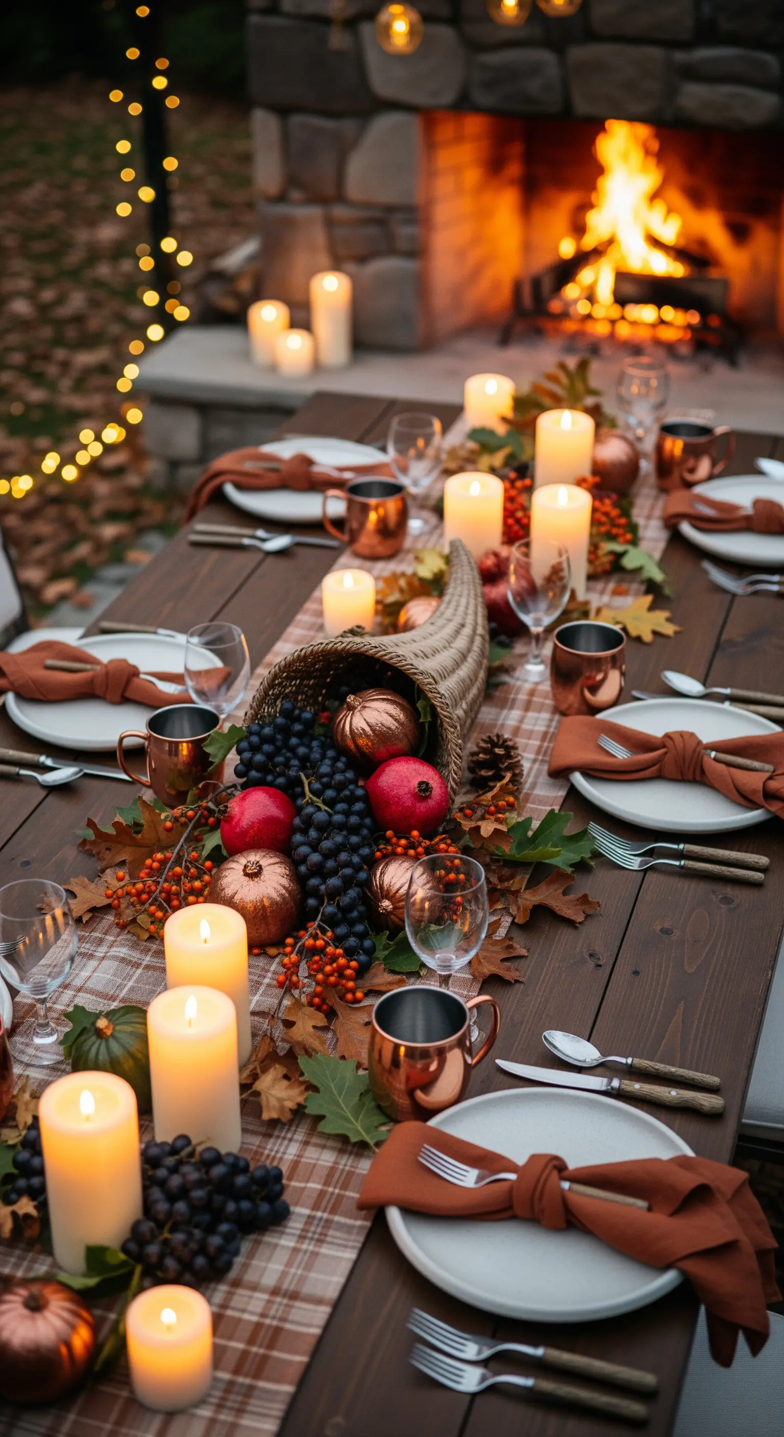 Geflochtenes Füllhorn mit Trauben und Kürbissen auf kariertem Läufer
