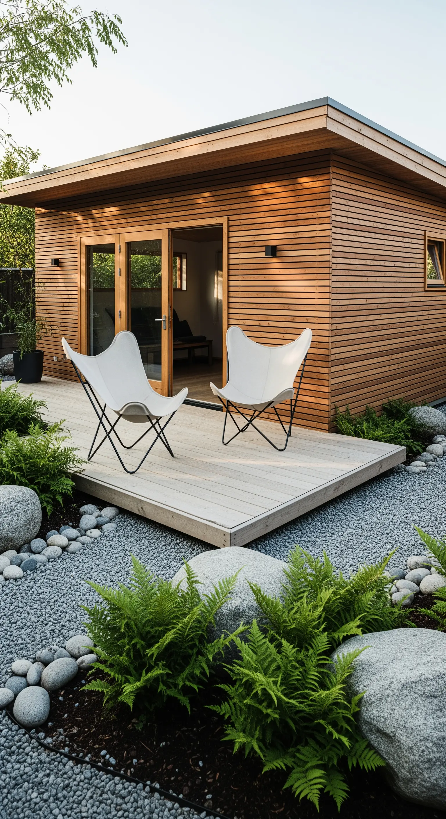 Kleines Holzgartenhaus mit Terrasse und zwei weißen Sesseln