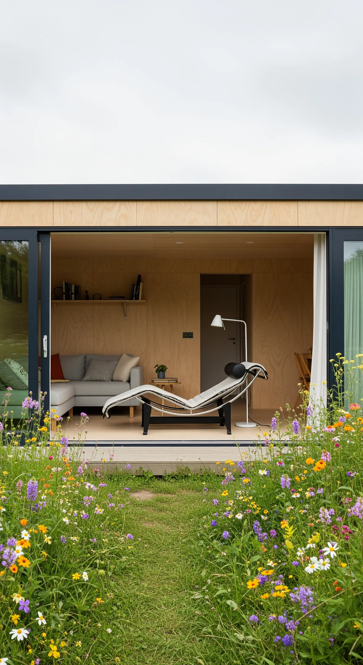 Gartenhaus mit offener Schiebetür und Liege