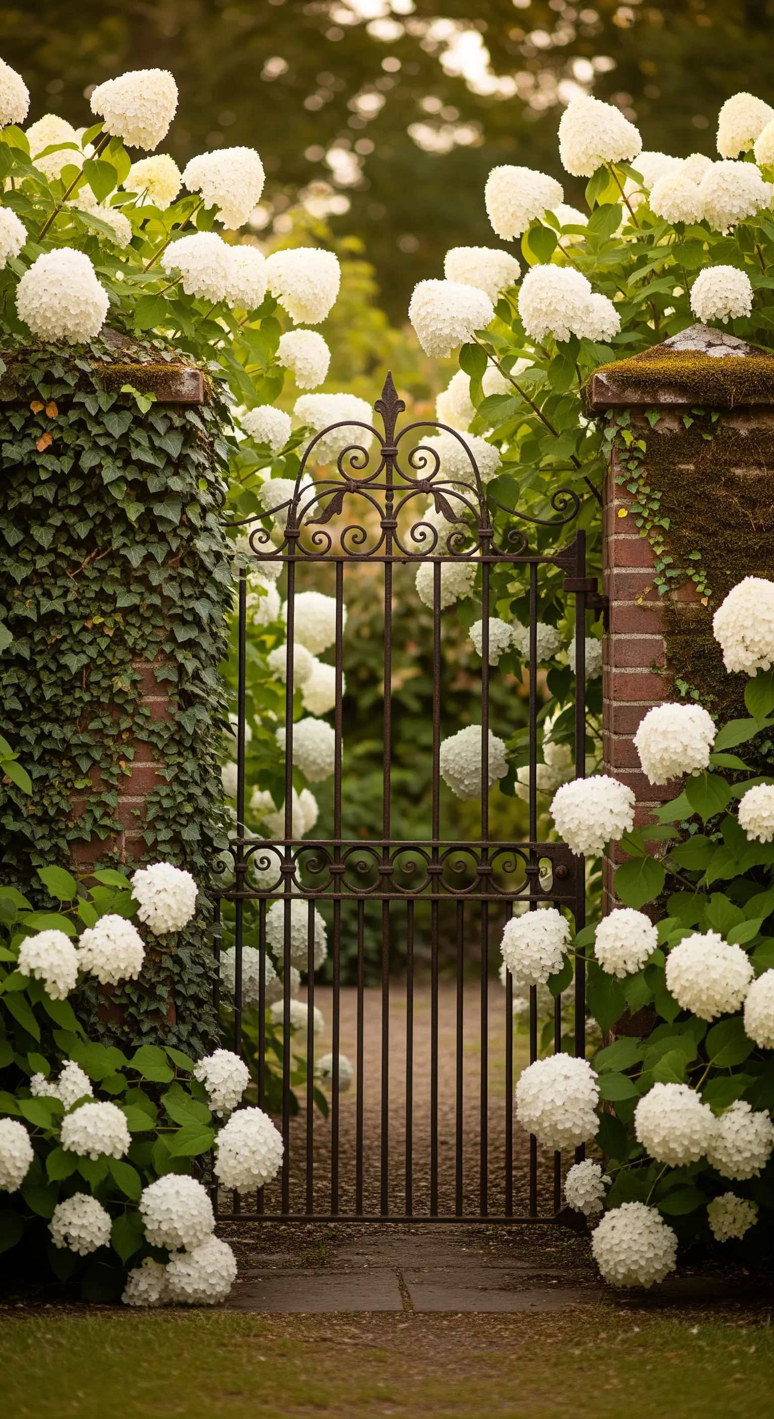 Schmiedeeisernes Tor umrankt von weißen Hortensien