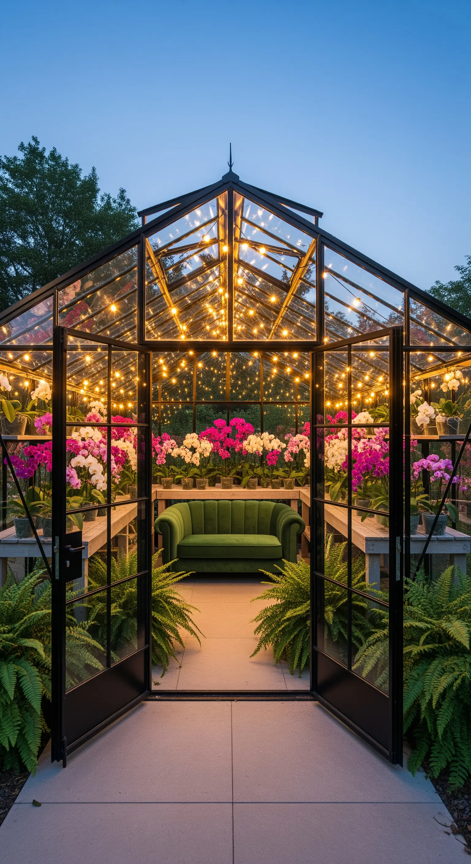 Beleuchtetes Gewächshaus mit grünem Sofa und Orchideen