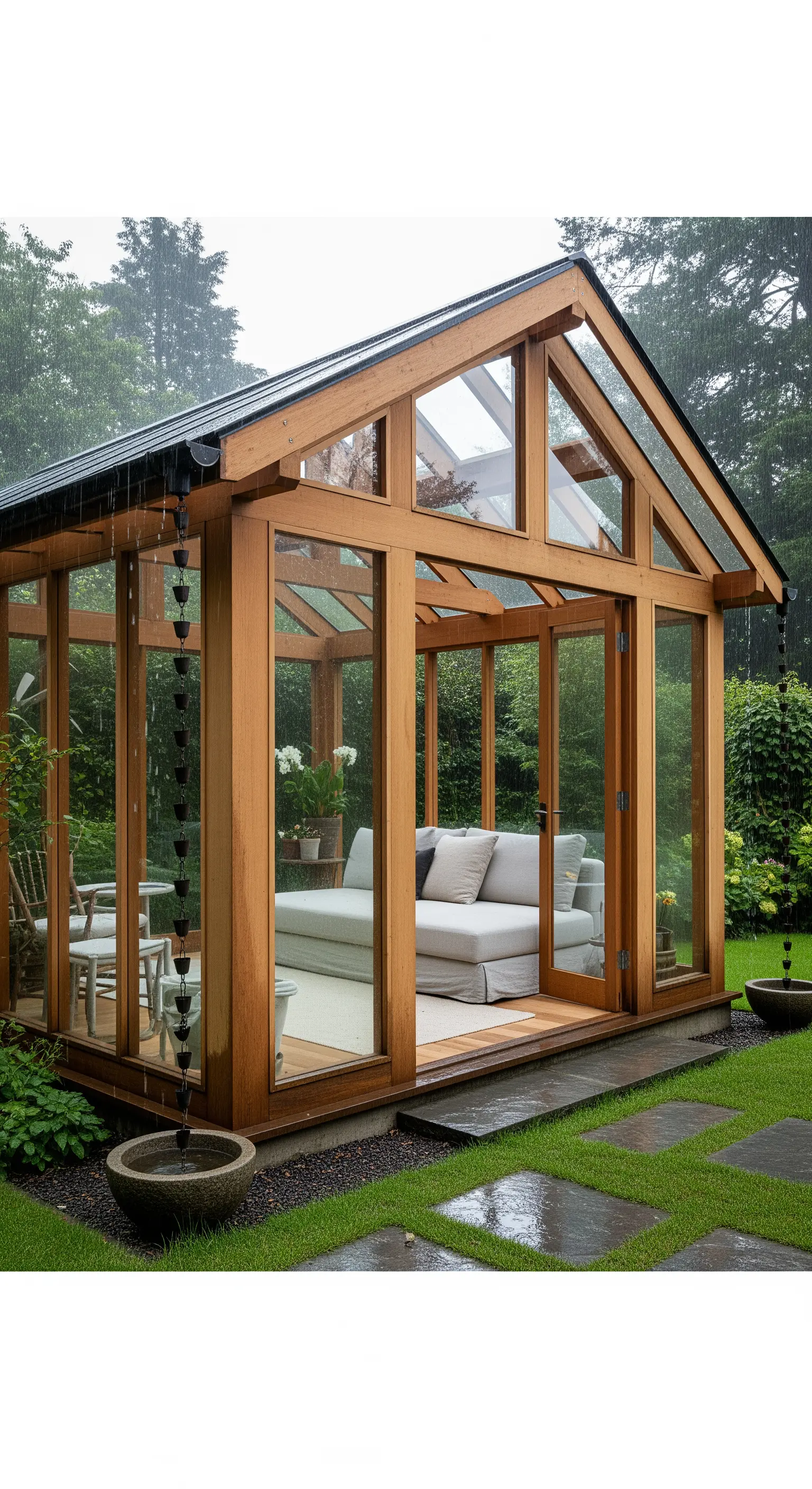 Holz-Wintergarten mit Glaswänden im Regen