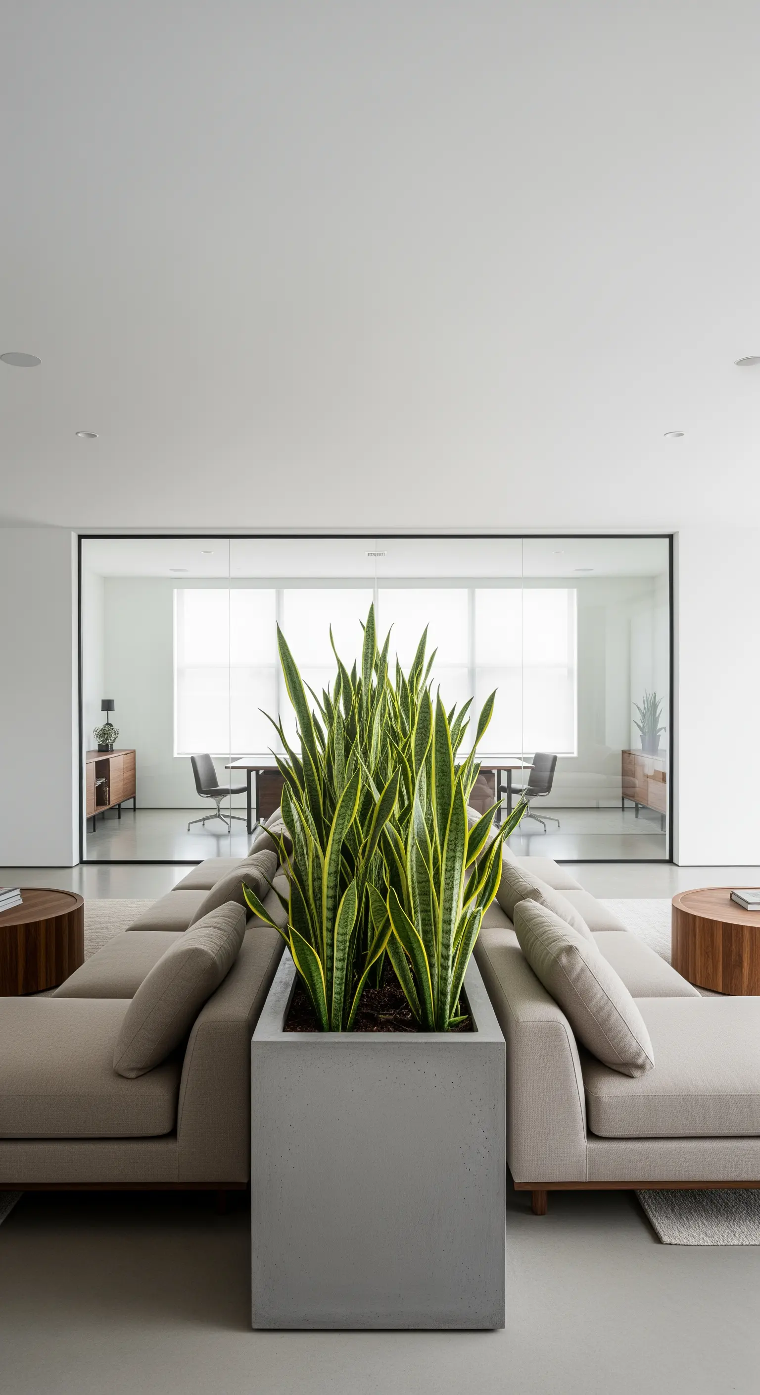 Verglaster Büroraum mitten im Wohnbereich mit Pflanzen