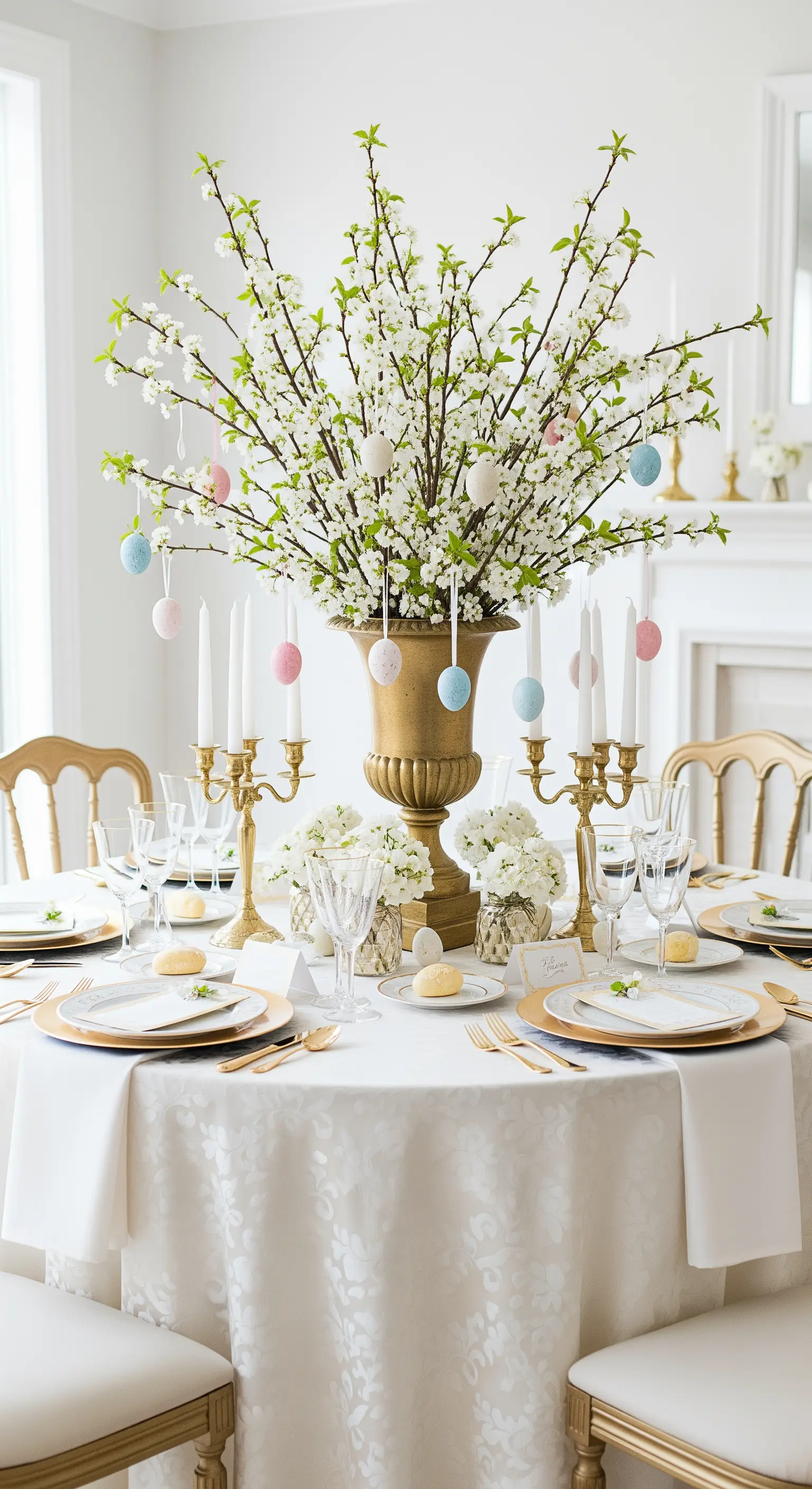 Große goldene Vase mit blühenden Zweigen und hängenden Eiern