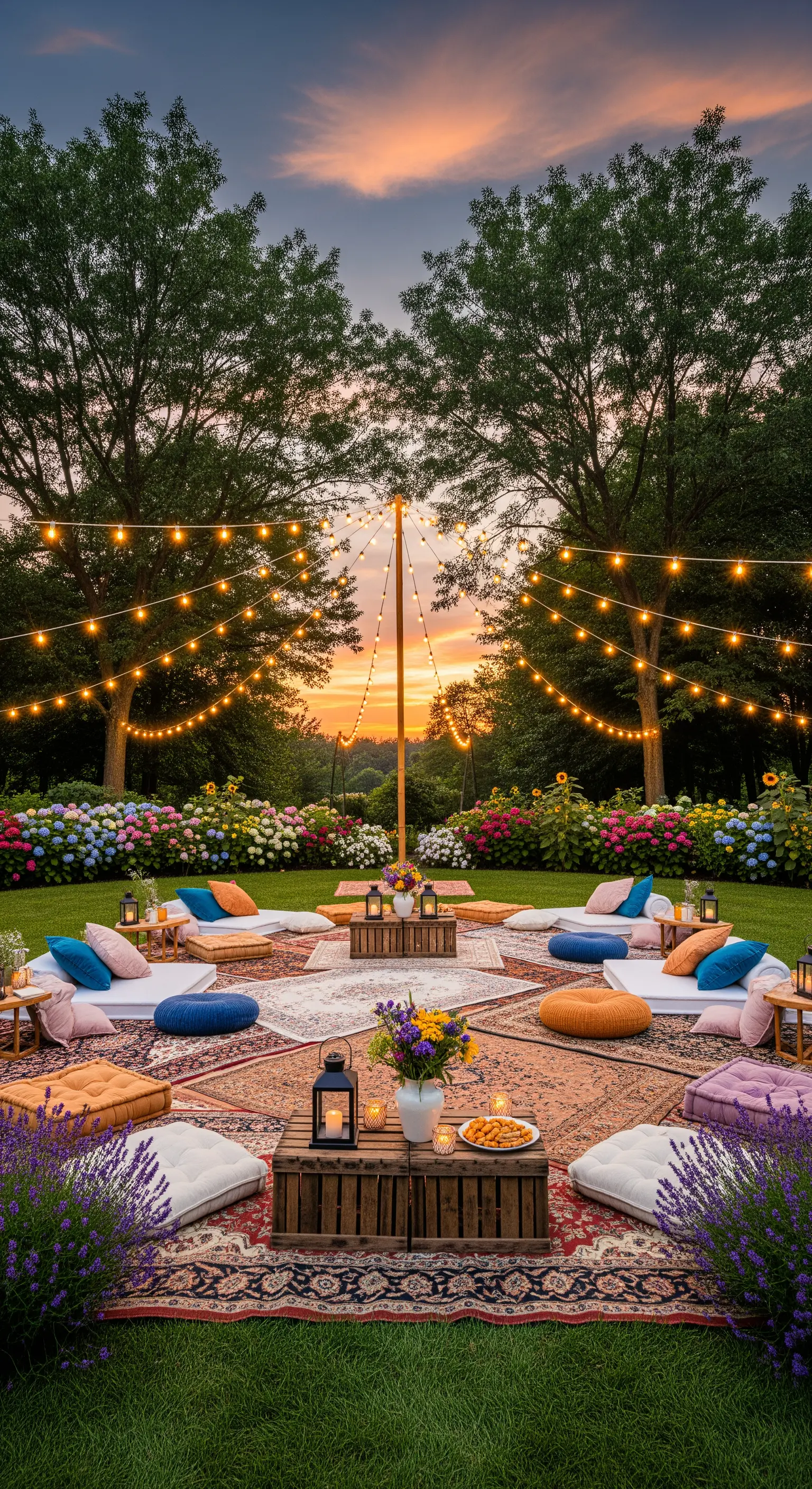 Große Wiese mit Teppichen und sternförmiger Beleuchtung