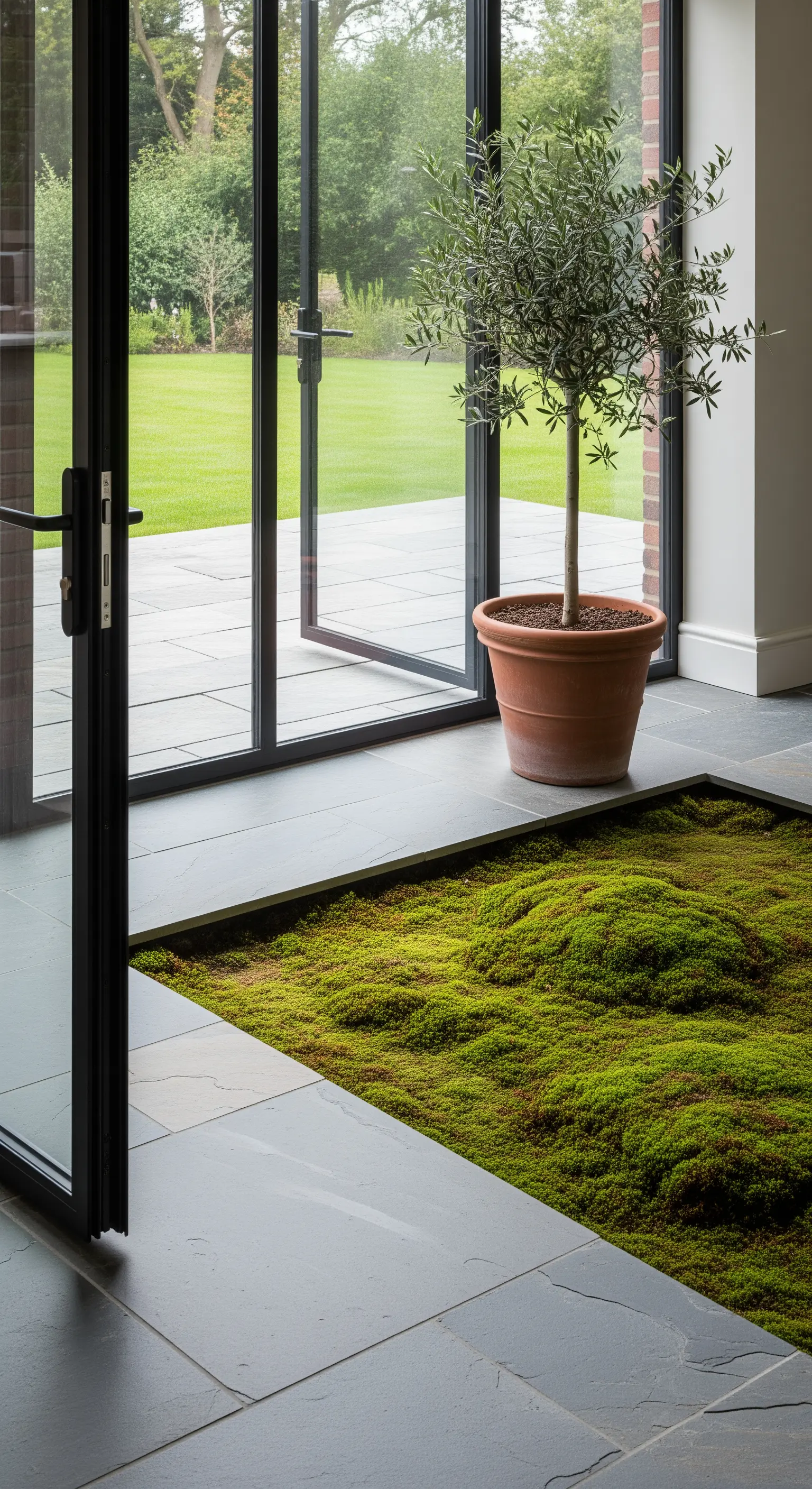 Blick durch Glastür auf Moosbeet und Olivenbaum im Topf