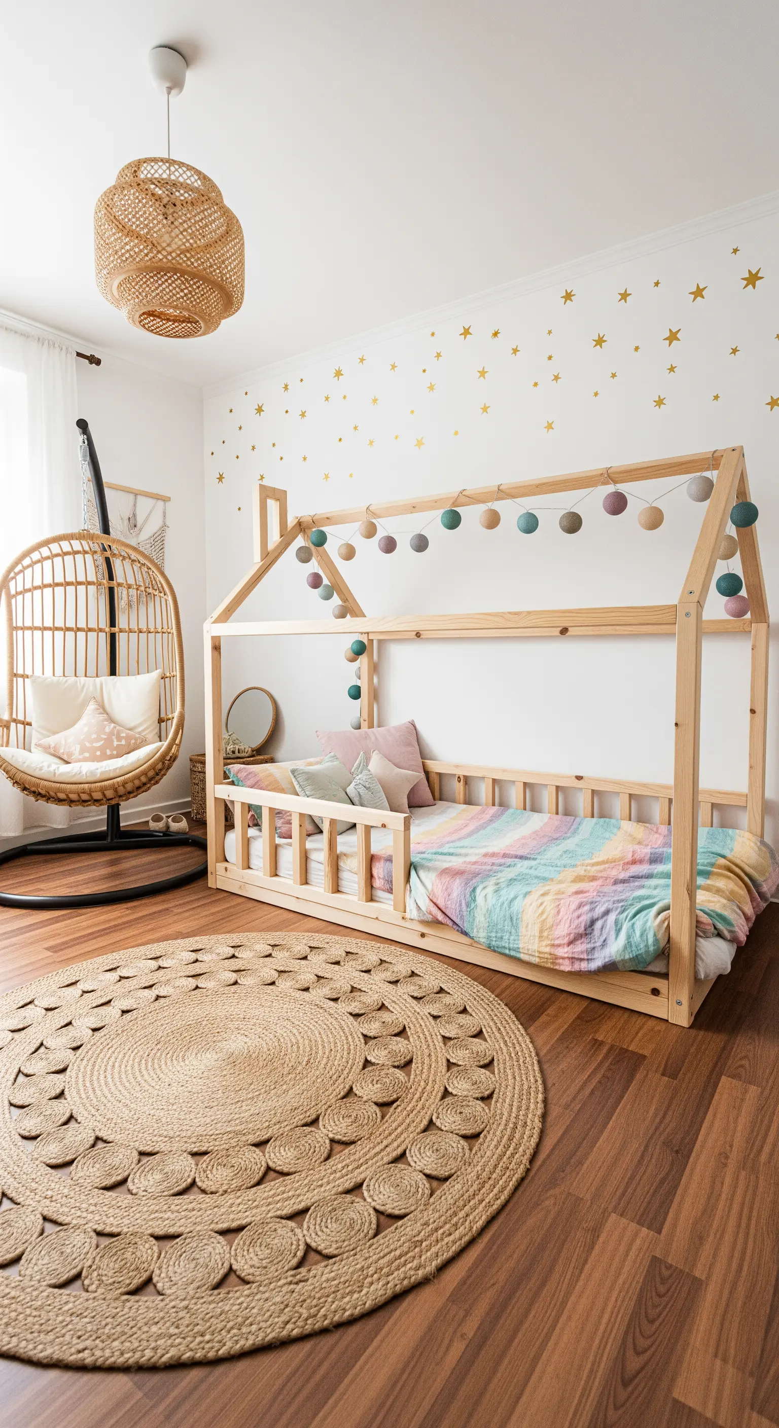 Offenes Hausbett aus Holz mit Lichterkette und Juteteppich