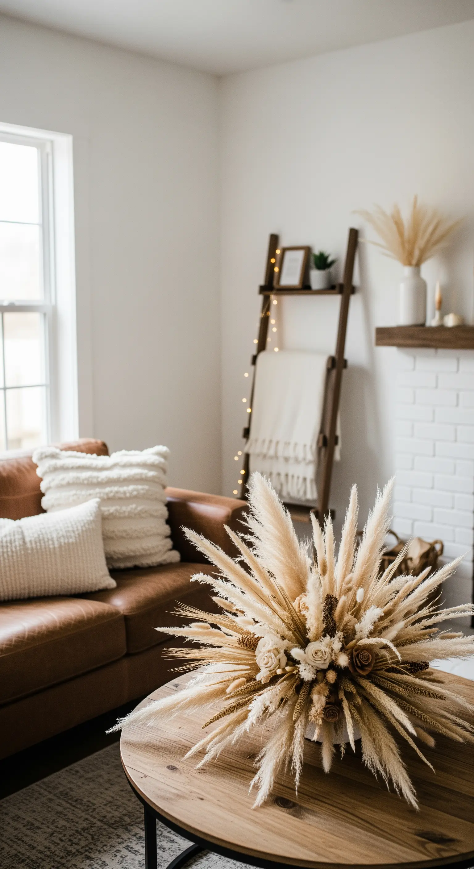 Üppiges Pampasgras-Gesteck auf Holztisch