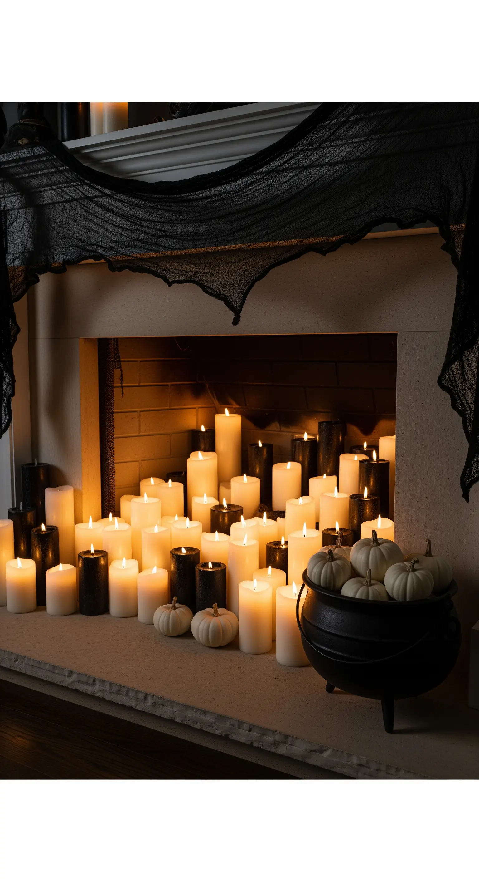 Kamin gefüllt mit vielen Kerzen und Kessel