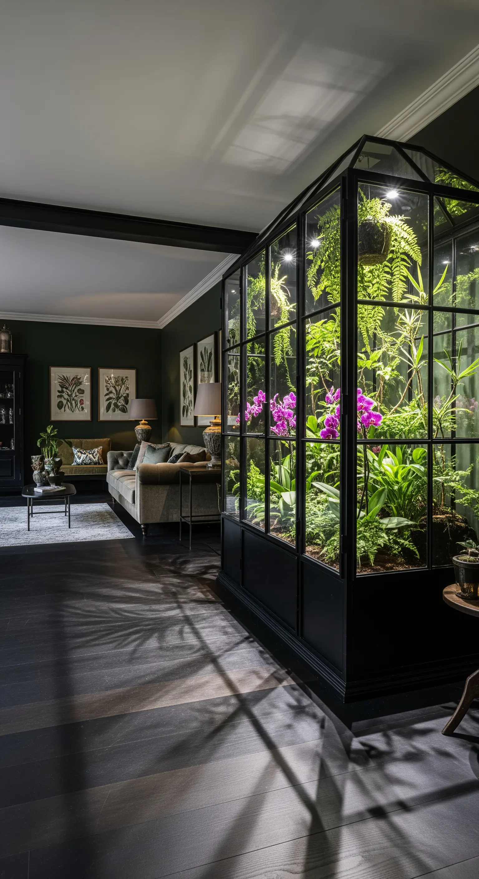 Große schwarze Gewächshaus-Vitrine im Wohnzimmer voller Farne und Orchideen